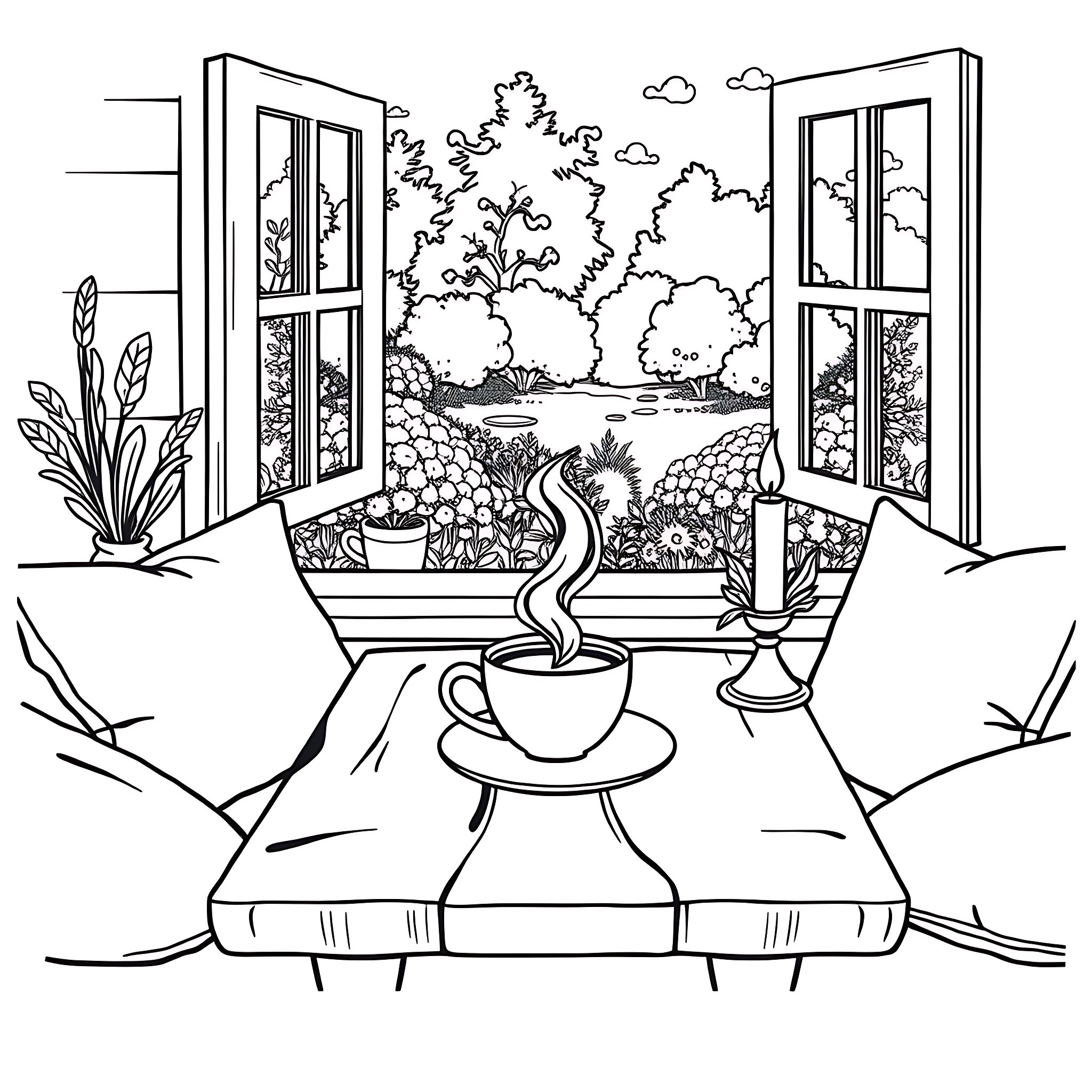Coffee by the Window Overlooking Nature Coloring Page (free black-and-white line drawing printable PDF for all, from beginners to advanced learners, including children, teens, adults, and seniors)