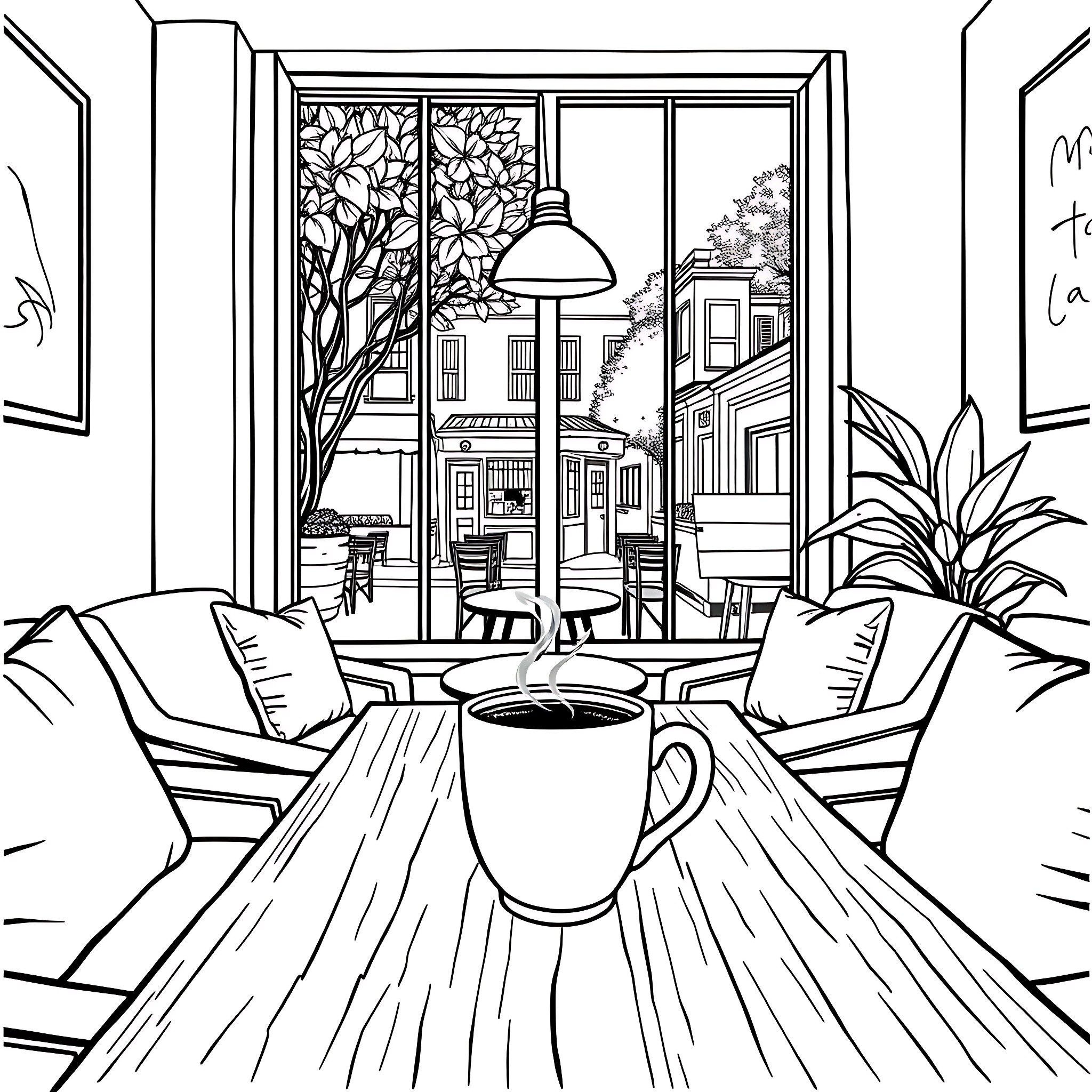Coffee-Themed Cozy Indoor Scene Coloring Page (free black-and-white line drawing printable PDF for all, from beginners to advanced learners, including children, teens, adults, and seniors)