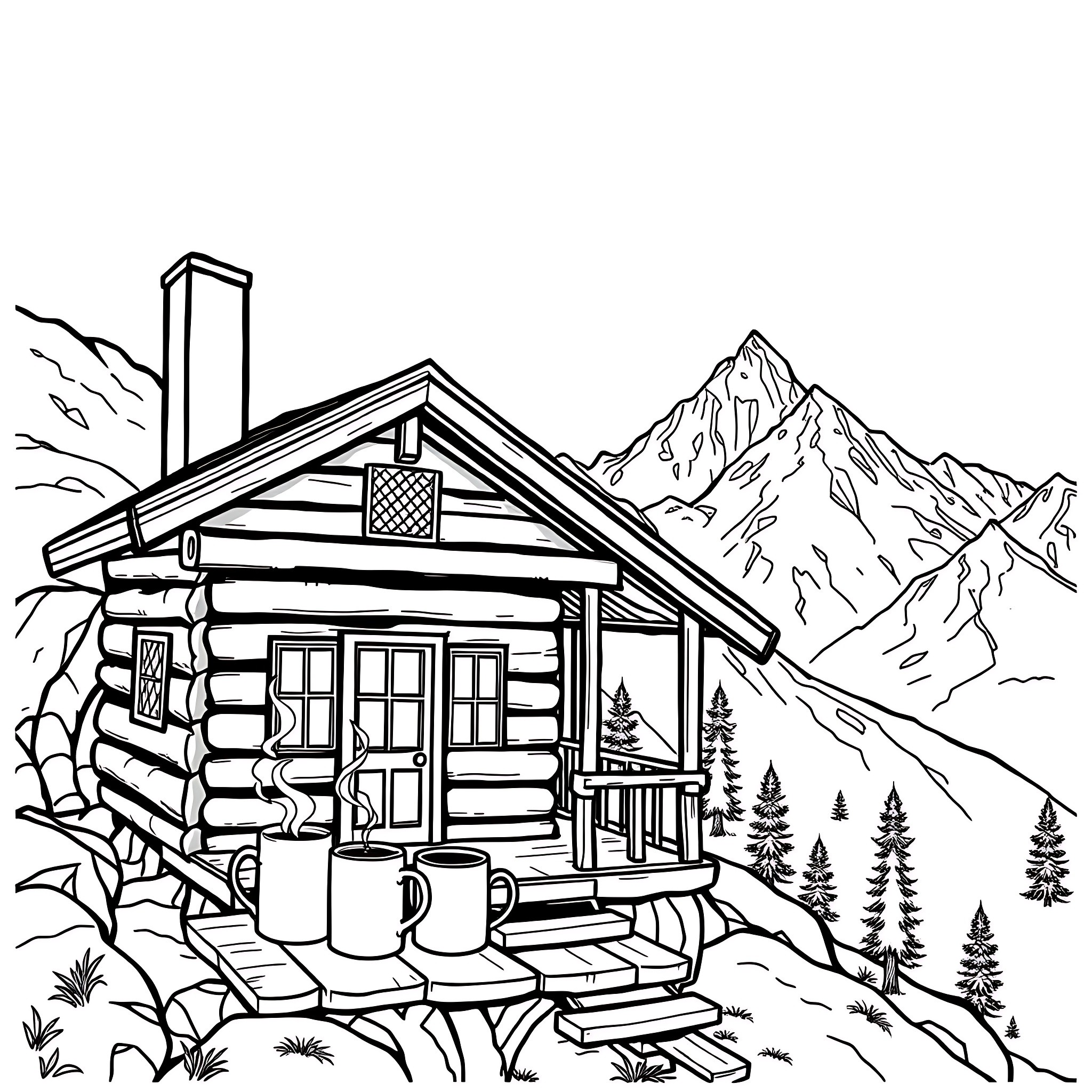 Coffee cabin in the snowy mountain landscape Coloring Page (free black-and-white line drawing printable PDF for all, from beginners to advanced learners, including children, teens, adults, and seniors)