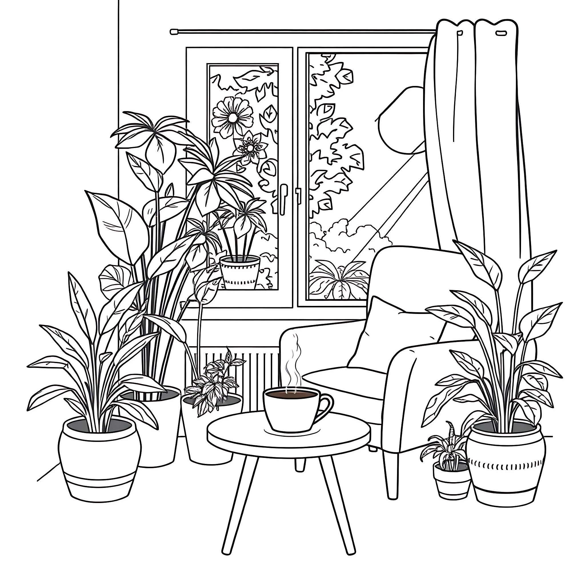Coffee break in a cozy indoor garden Coloring Page (free black-and-white line drawing printable PDF for all, from beginners to advanced learners, including children, teens, adults, and seniors)