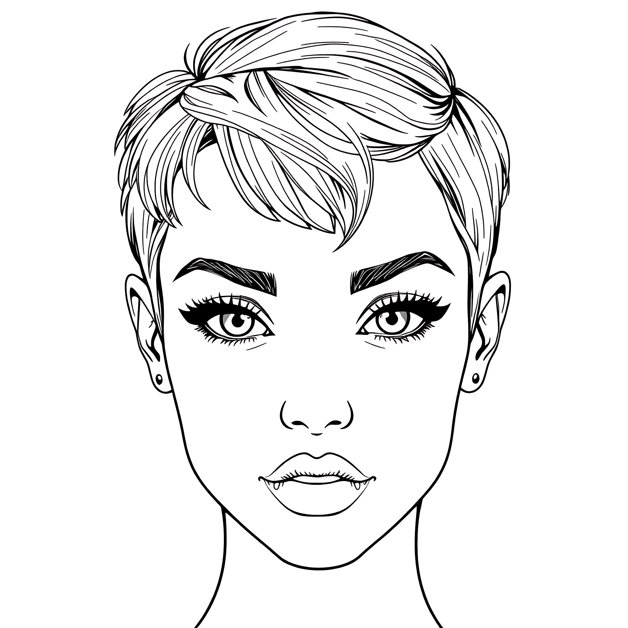 Female Face with Expressive Eyes and Lips Coloring Page (free black-and-white line drawing printable PDF for all, from beginners to advanced learners, including children, teens, adults, and seniors)