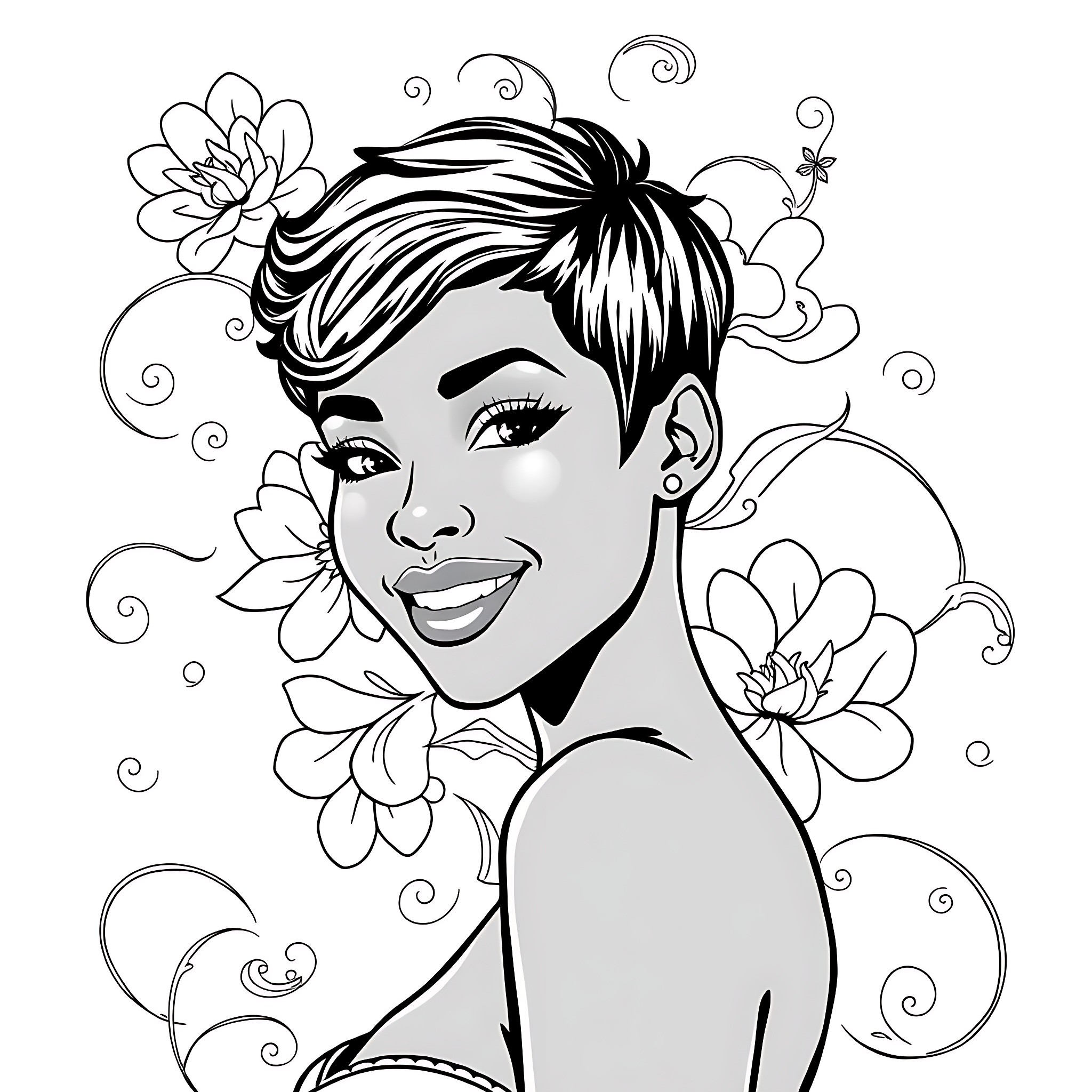 Woman with Floral Adornments Smiling Cheerfully Coloring Page (free black-and-white line drawing printable PDF for all, from beginners to advanced learners, including children, teens, adults, and seniors)