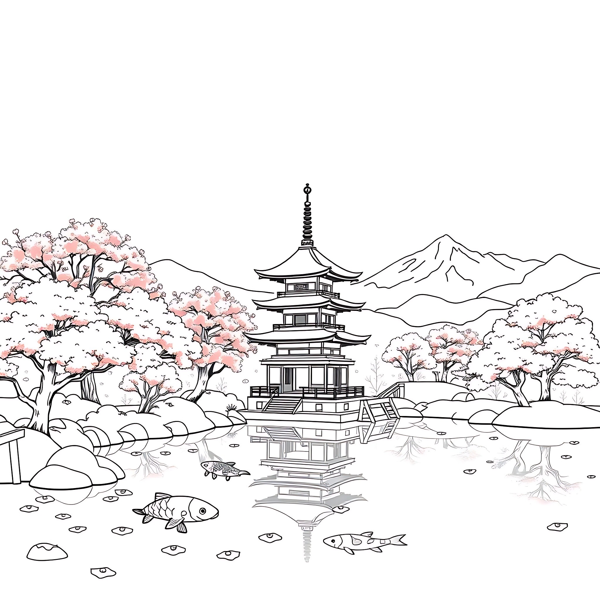 Japanese Pagoda and Cherry Blossoms in Nature Coloring Page (free black-and-white line drawing printable PDF for all, from beginners to advanced learners, including children, teens, adults, and seniors)