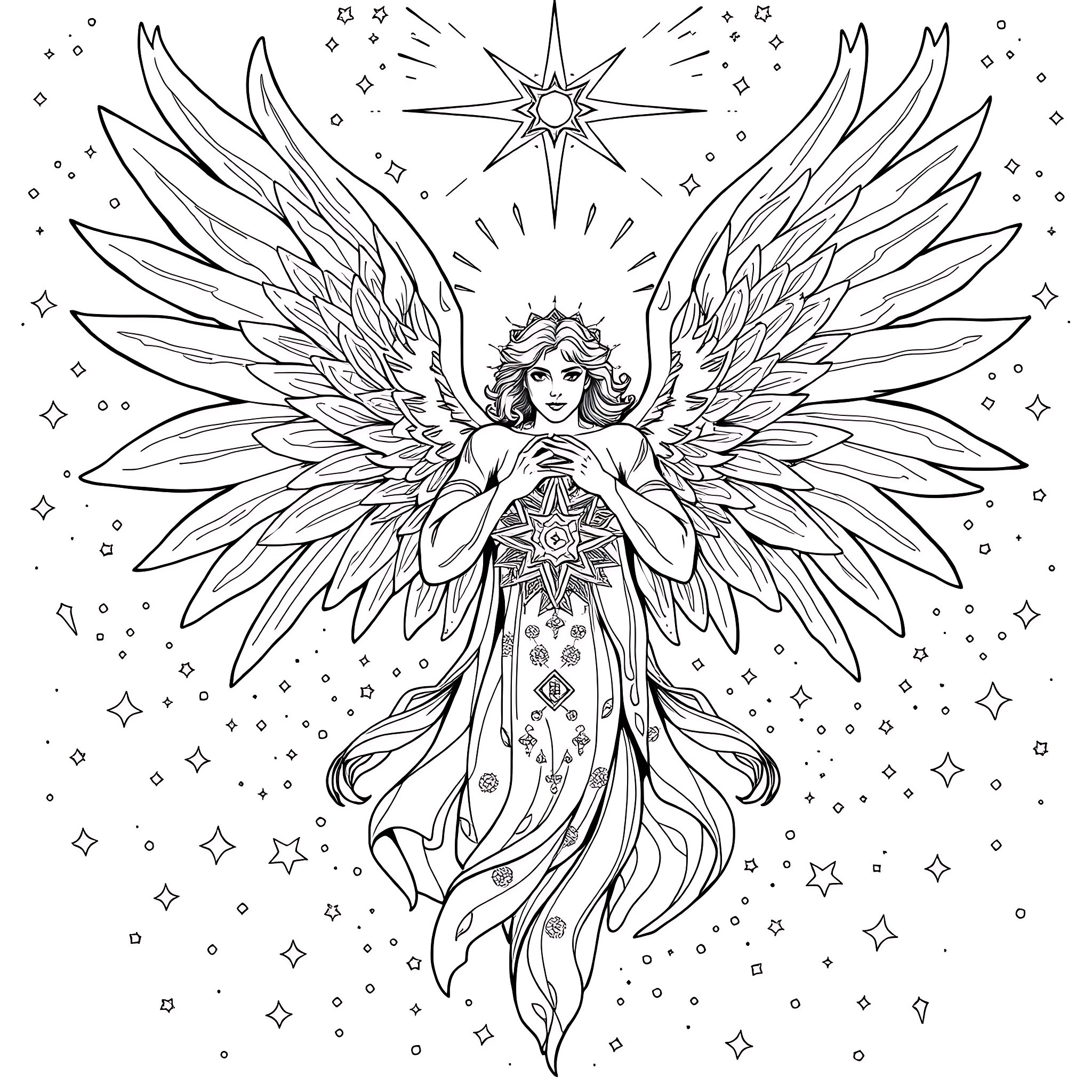 Angel with Celestial Wings and Heavenly Star Coloring Page (free black-and-white line drawing printable PDF for all, from beginners to advanced learners, including children, teens, adults, and seniors)