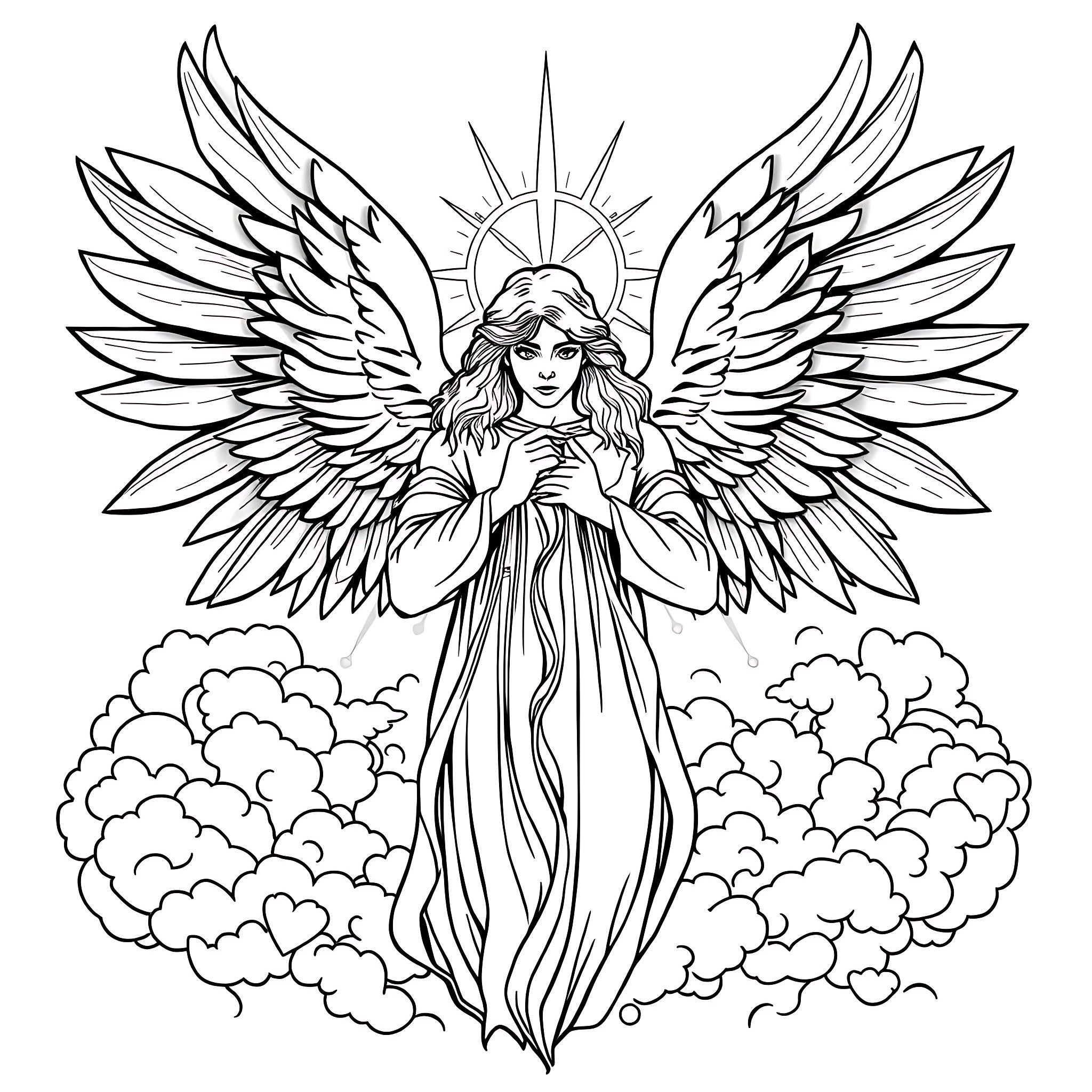 Angel with Majestic Wings Soaring Through the Clouds Coloring Page (free black-and-white line drawing printable PDF for all, from beginners to advanced learners, including children, teens, adults, and seniors)