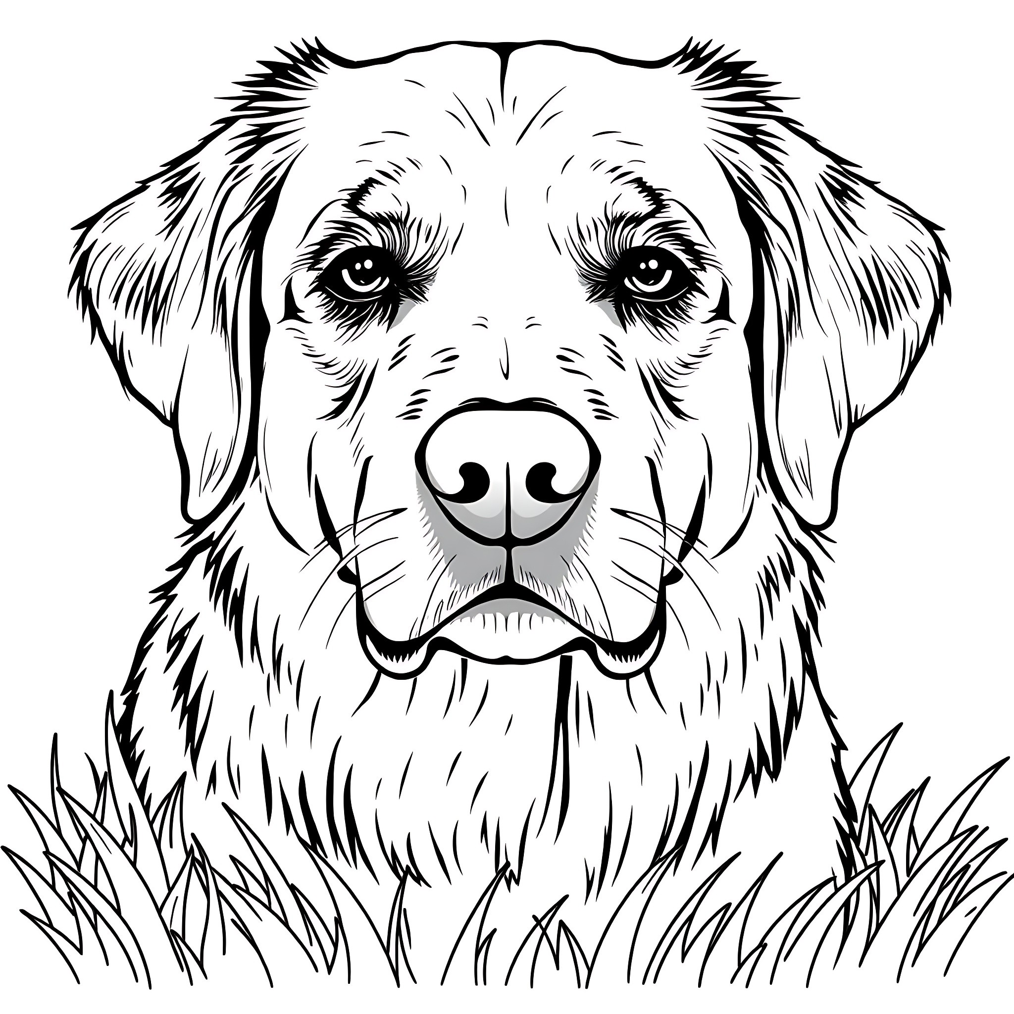 Golden Retriever Gazing Attentively in Nature Coloring Page (free black-and-white line drawing printable PDF for all, from beginners to advanced learners, including children, teens, adults, and seniors)