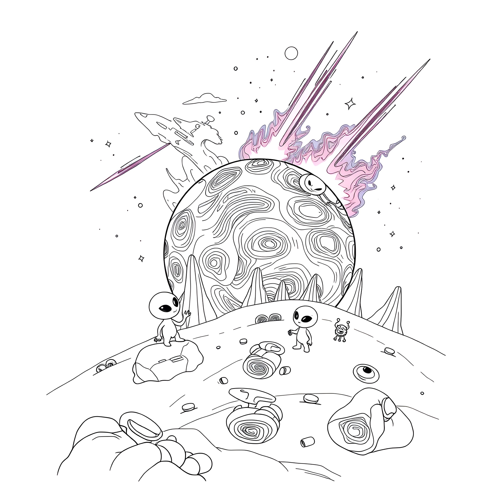 Alien explorers discovering a mysterious cosmic landscape Coloring Page (free black-and-white line drawing printable PDF for all, from beginners to advanced learners, including children, teens, adults, and seniors)