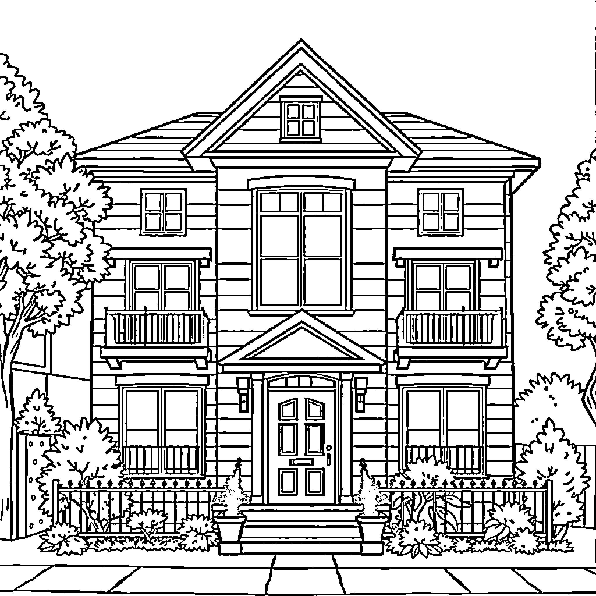 House with detailed architectural features and landscaping Coloring Page (free black-and-white line drawing printable PDF for all, from beginners to advanced learners, including children, teens, adults, and seniors)