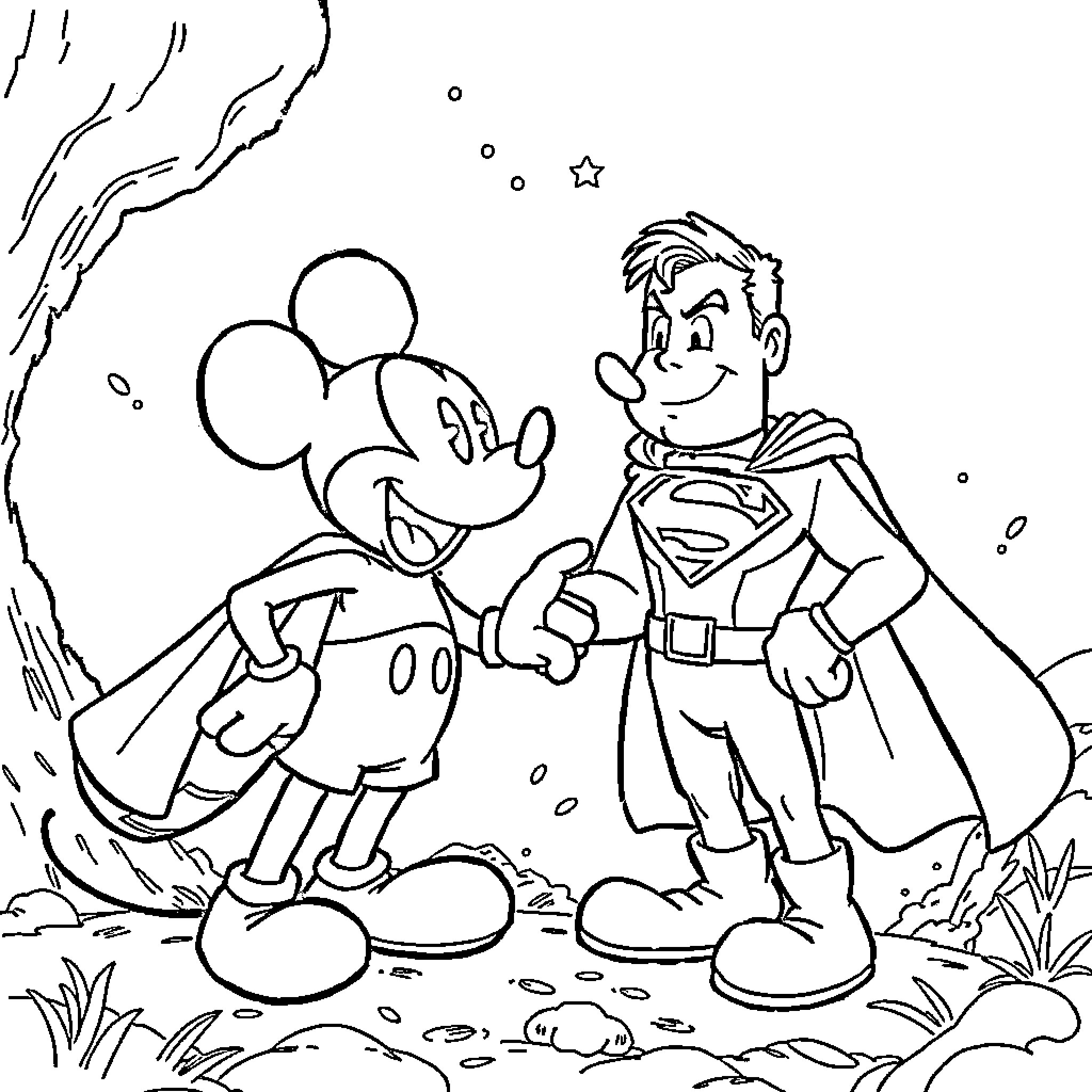 Mickey Mouse and Superman in Heroic Adventure Coloring Page (free black-and-white line drawing printable PDF for all, from beginners to advanced learners, including children, teens, adults, and seniors)