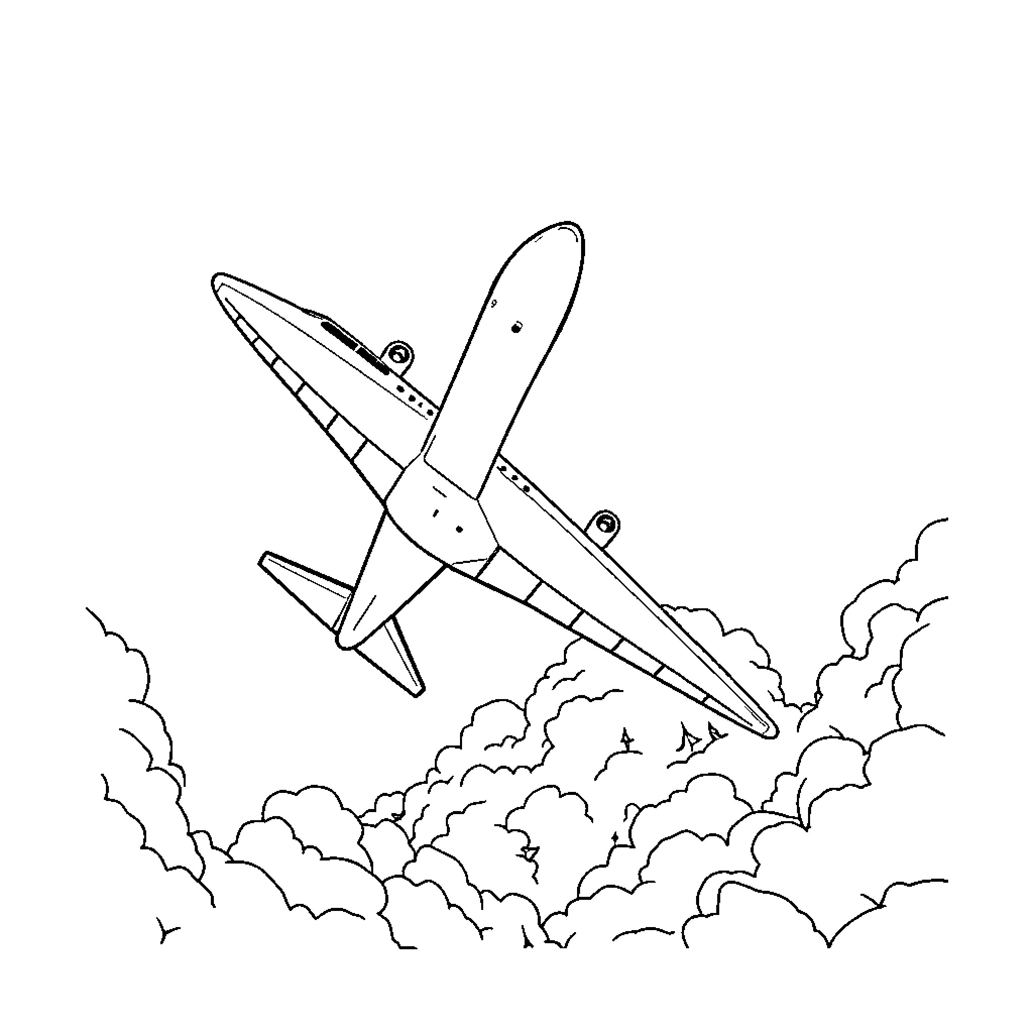 Airplane ascending through cloudy skies Coloring Page (free black-and-white line drawing printable PDF for all, from beginners to advanced learners, including children, teens, adults, and seniors)