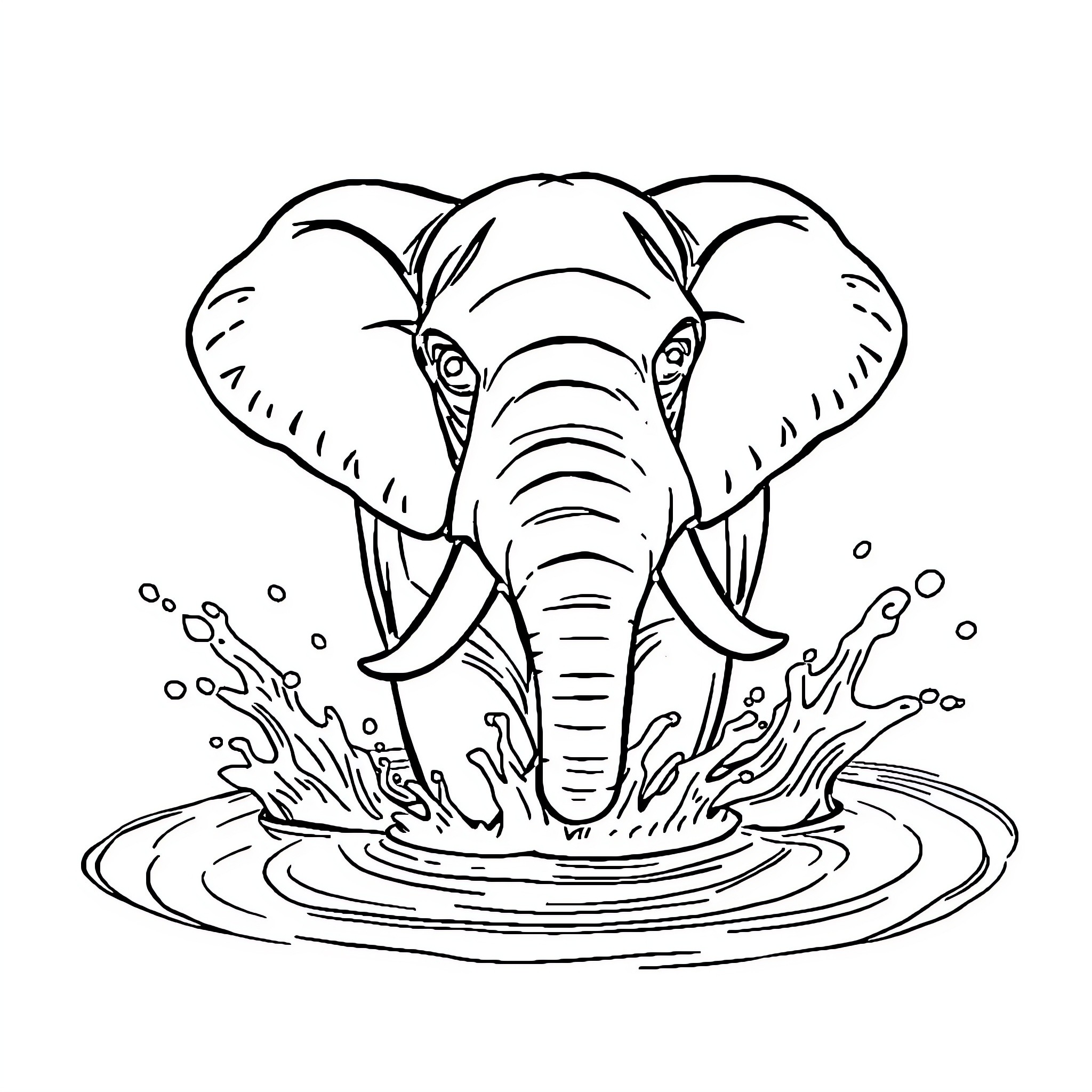 Elephant Splashing in Pond Coloring Page (free black-and-white line drawing printable PDF for all, from beginners to advanced learners, including children, teens, adults, and seniors)