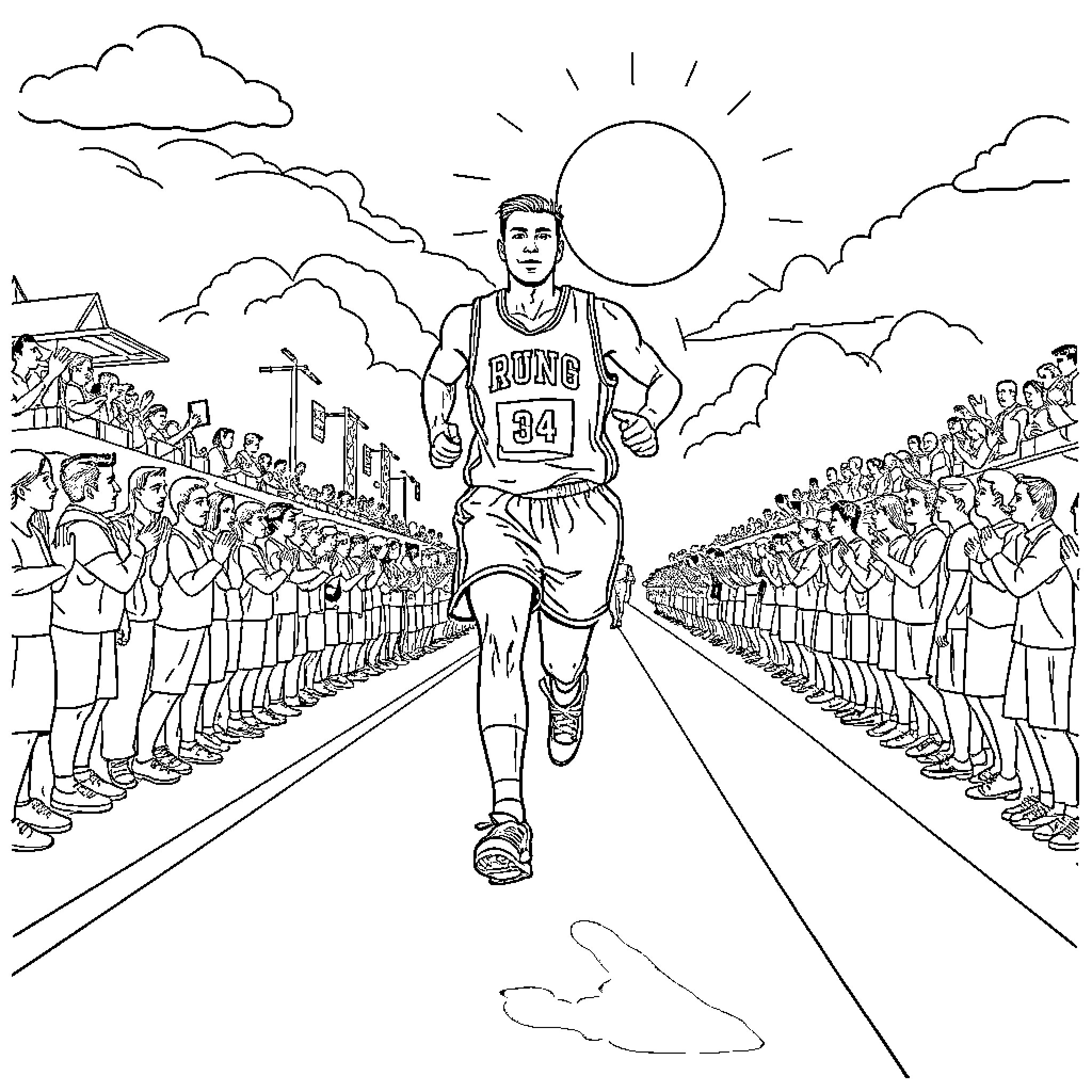 Basketball Player Running on Court with Crowd Coloring Page (free black-and-white line drawing printable PDF for all, from beginners to advanced learners, including children, teens, adults, and seniors)
