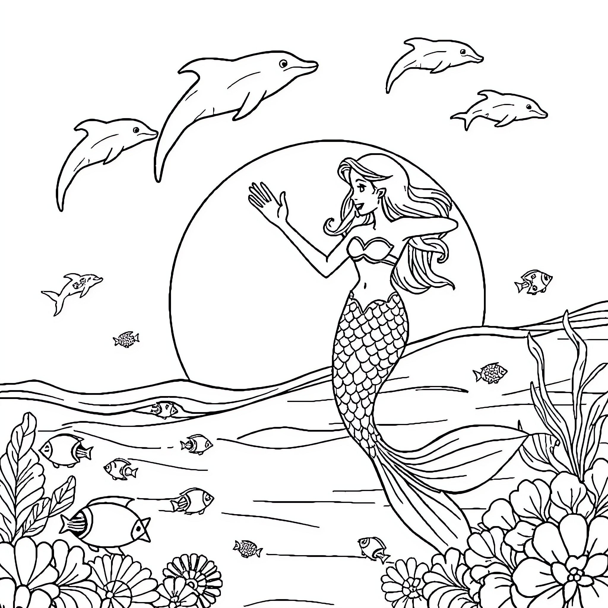Mermaid waving amidst dolphins and underwater flora Coloring Page (free black-and-white line drawing printable PDF for all, from beginners to advanced learners, including children, teens, adults, and seniors)