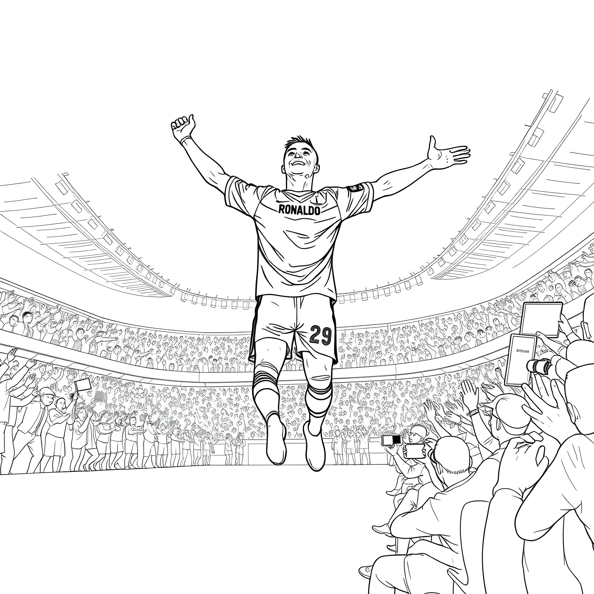Ronaldo celebrates after scoring a goal in a stadium Coloring Page (free black-and-white line drawing printable PDF for all, from beginners to advanced learners, including children, teens, adults, and seniors)