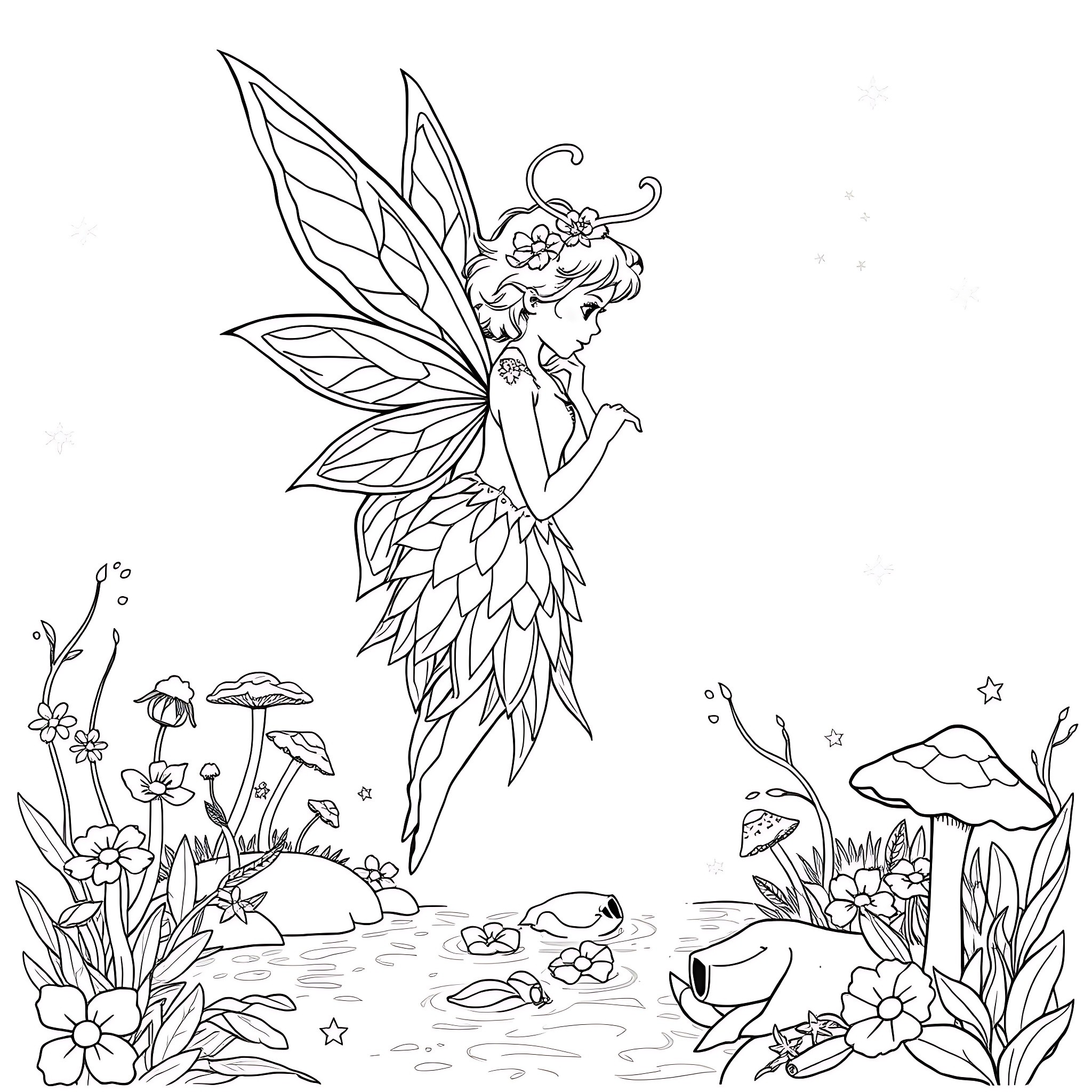 Faerie dancing in a enchanted forest Coloring Page (free black-and-white line drawing printable PDF for all, from beginners to advanced learners, including children, teens, adults, and seniors)