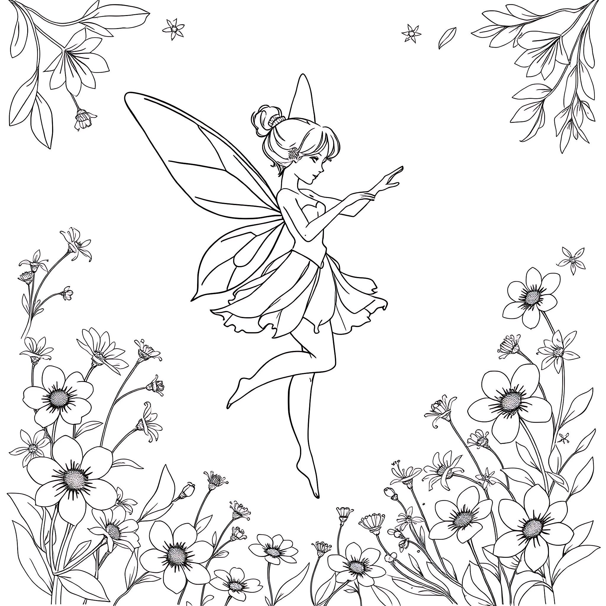 Faerie Dancing Amidst Floral Wonderland Coloring Page (free black-and-white line drawing printable PDF for all, from beginners to advanced learners, including children, teens, adults, and seniors)