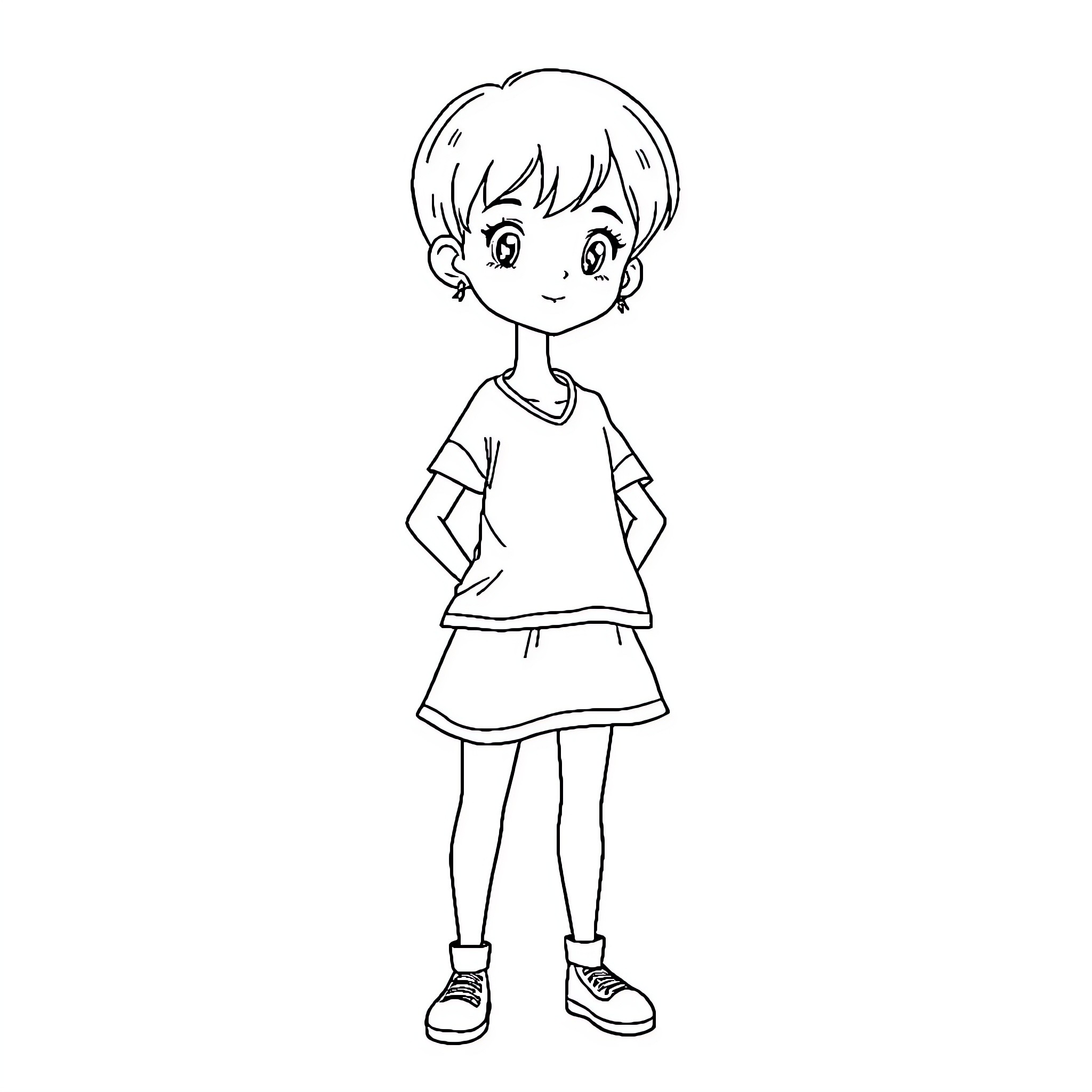 Chica Calata: Young girl in casual outfit Coloring Page (free black-and-white line drawing printable PDF for all, from beginners to advanced learners, including children, teens, adults, and seniors)