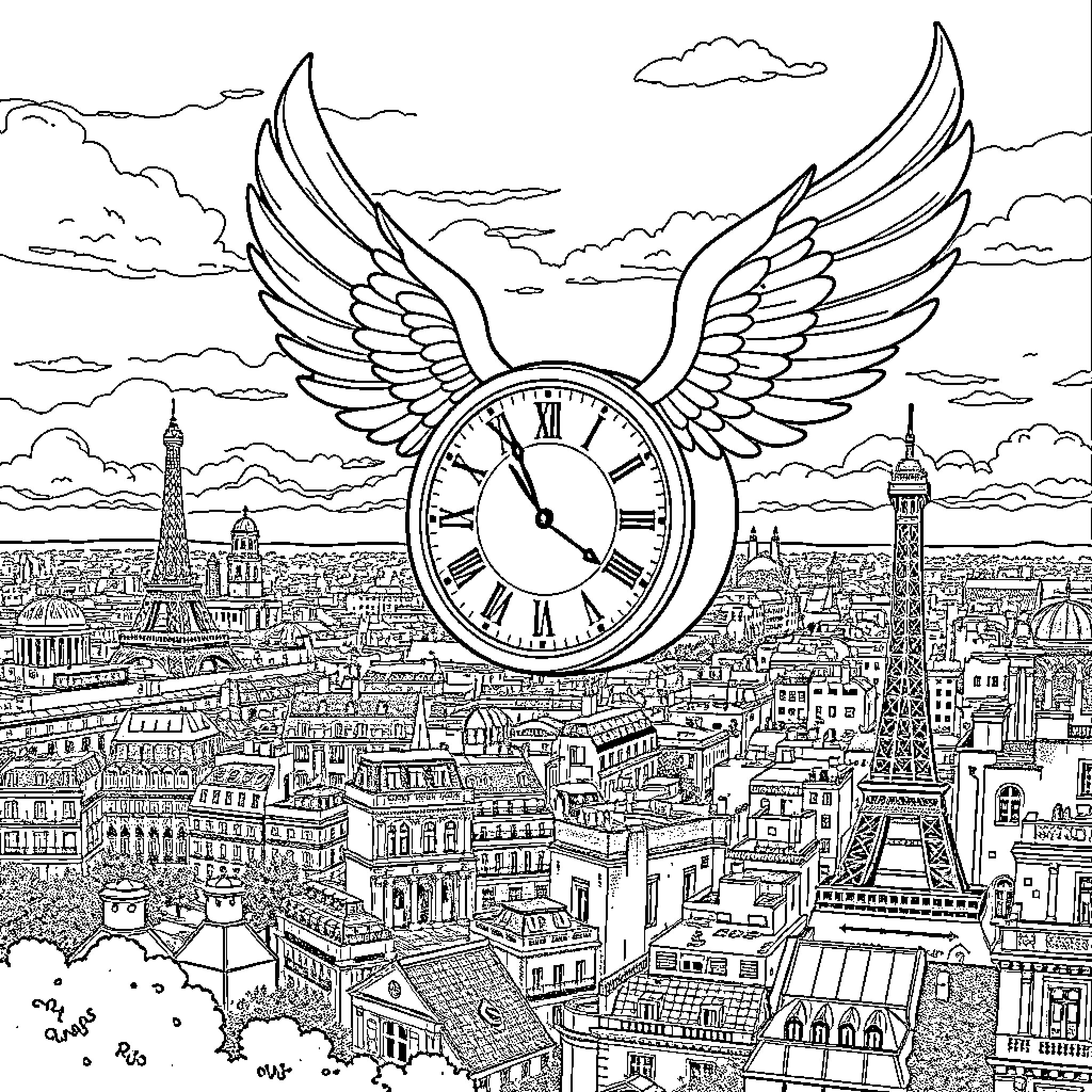 Clock with winged frame over cityscape Coloring Page (free black-and-white line drawing printable PDF for all, from beginners to advanced learners, including children, teens, adults, and seniors)