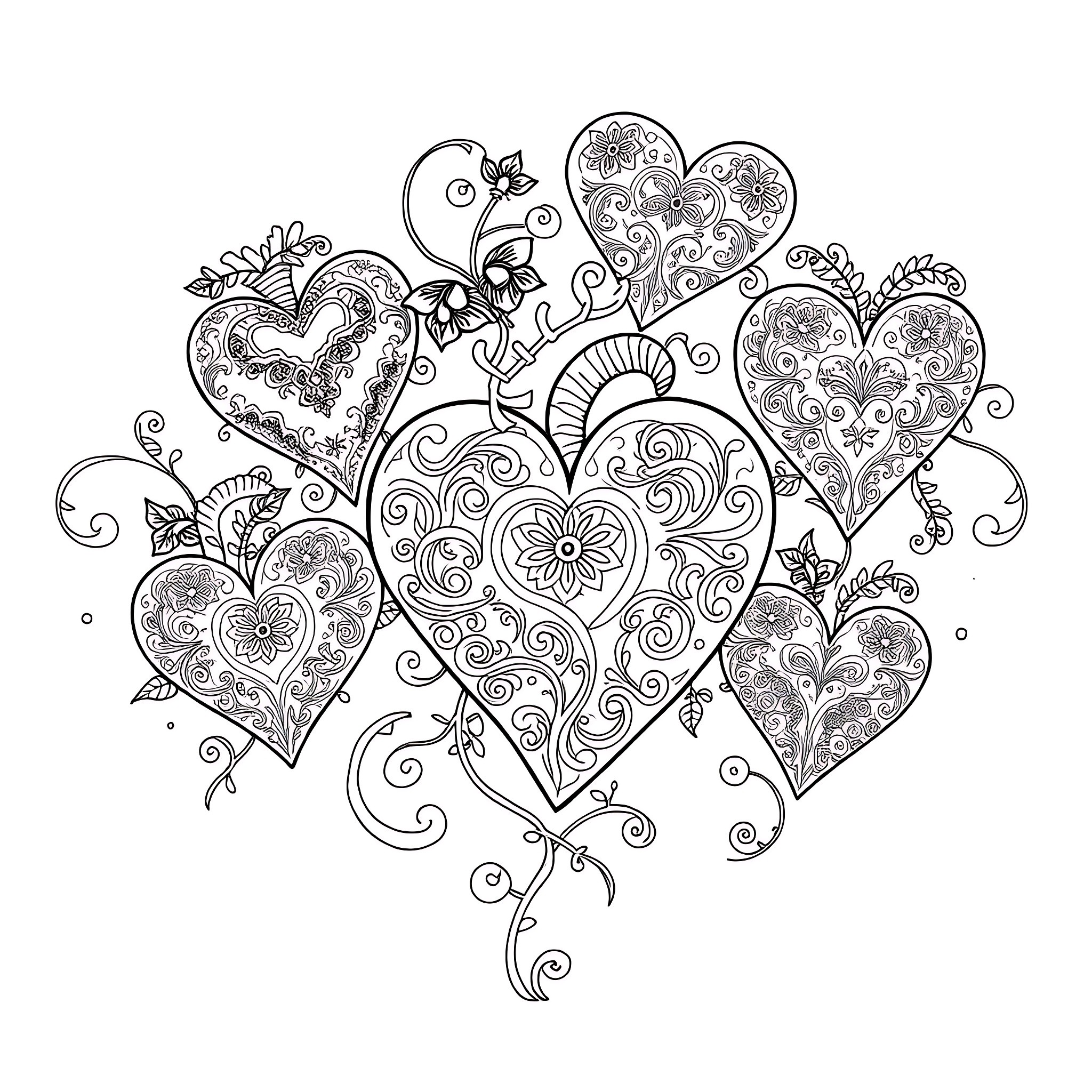 Heart-shaped Floral and Ornamental Design Coloring Page (free black-and-white line drawing printable PDF for all, from beginners to advanced learners, including children, teens, adults, and seniors)