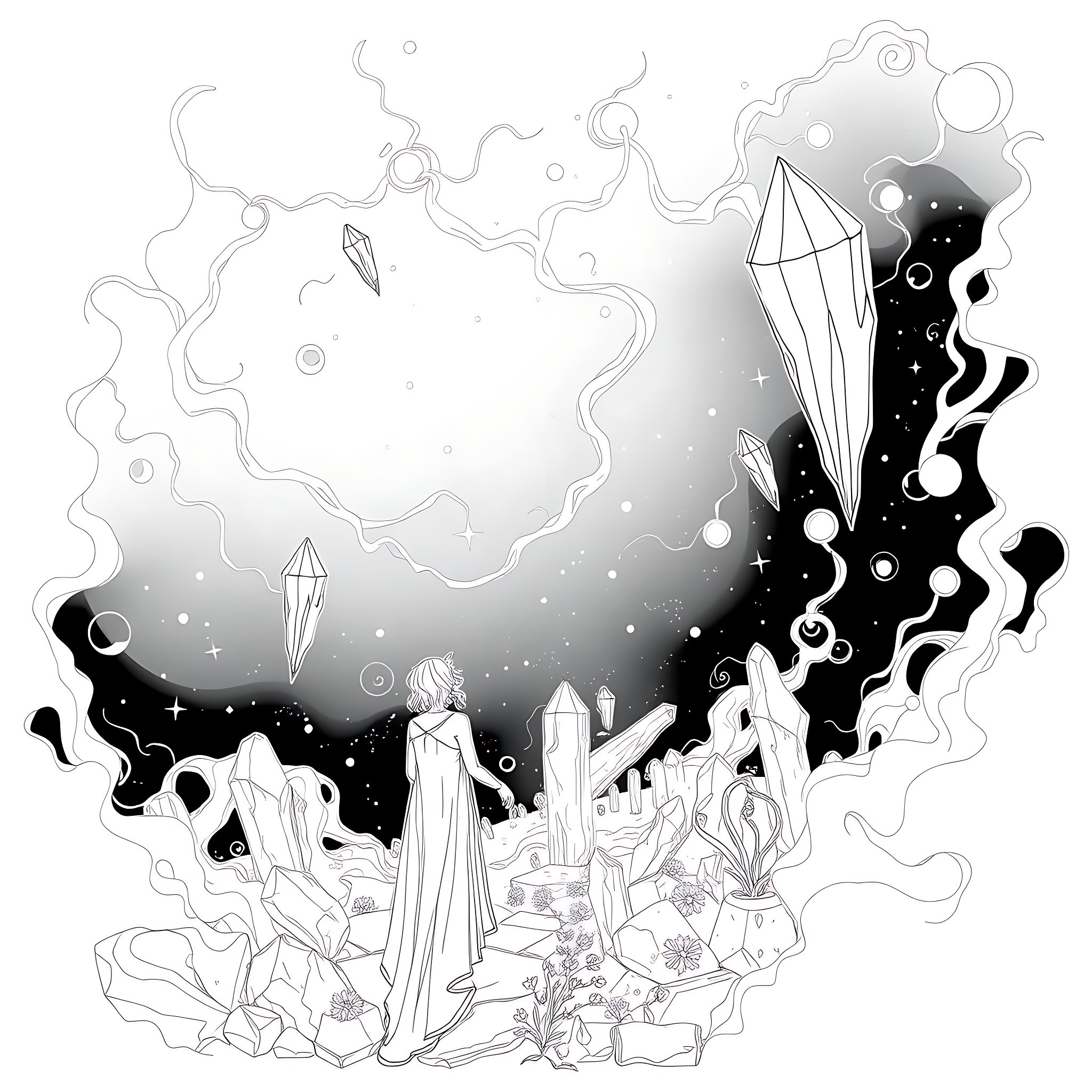 Crystal Fantasy Landscape with Magical Elements Coloring Page (free black-and-white line drawing printable PDF for all, from beginners to advanced learners, including children, teens, adults, and seniors)