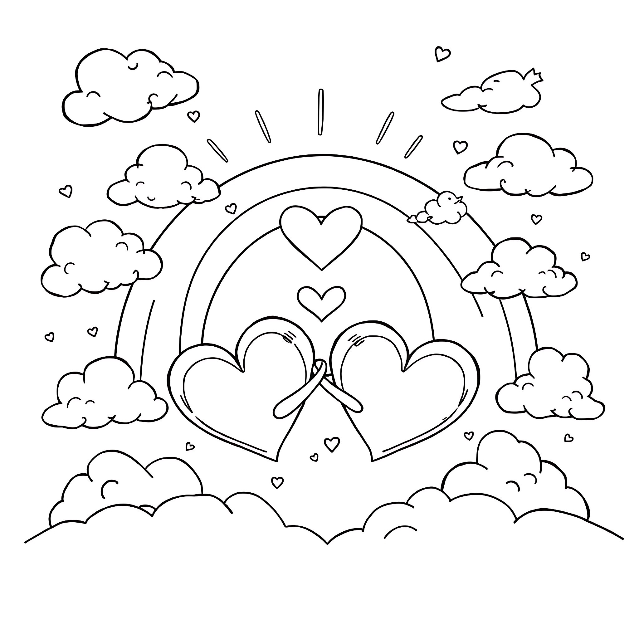 Heart-shaped clouds with a rainbow in the sky Coloring Page (free black-and-white line drawing printable PDF for all, from beginners to advanced learners, including children, teens, adults, and seniors)