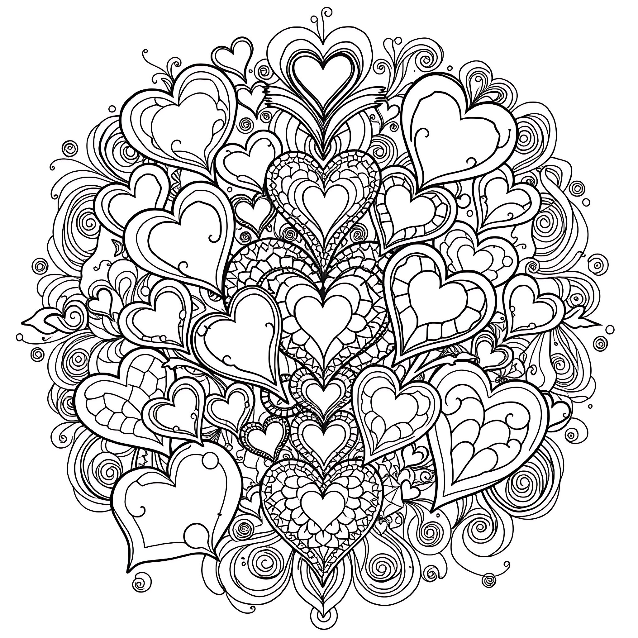 Heart-shaped Patterns in Intricate Design Coloring Page (free black-and-white line drawing printable PDF for all, from beginners to advanced learners, including children, teens, adults, and seniors)