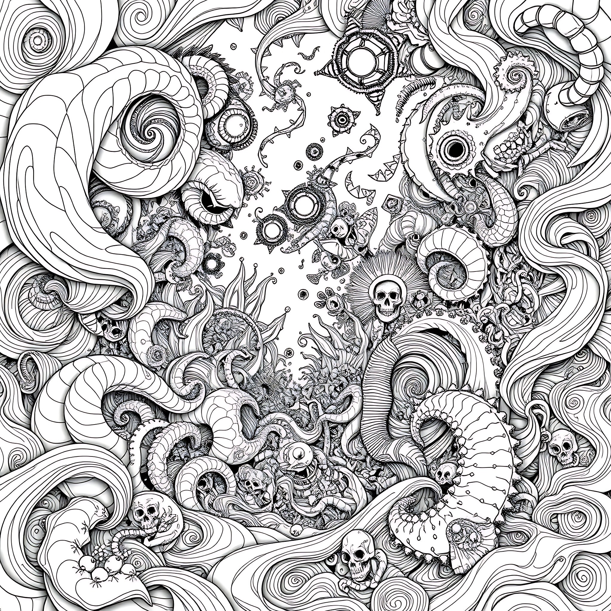 Psychedelic Pandemonium: A Whimsical Wonderland of Intricate Chaos Coloring Page (free black-and-white line drawing printable PDF for all, from beginners to advanced learners, including children, teens, adults, and seniors)