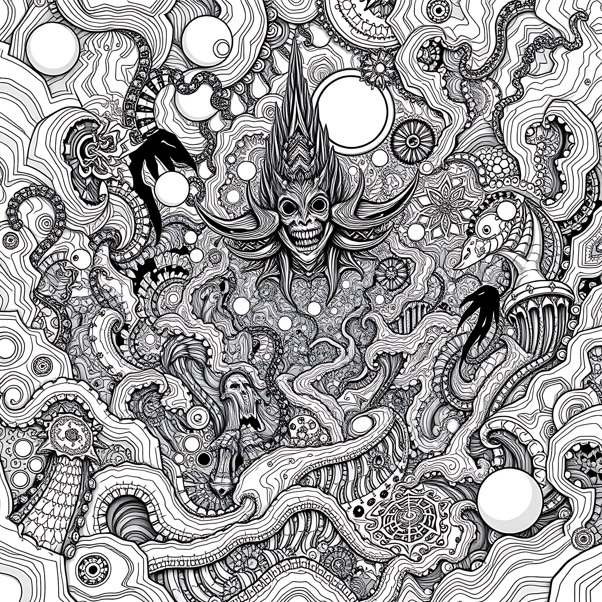 Psychedelic Dreamscape with Surreal Elements Coloring Page (free black-and-white line drawing printable PDF for all, from beginners to advanced learners, including children, teens, adults, and seniors)
