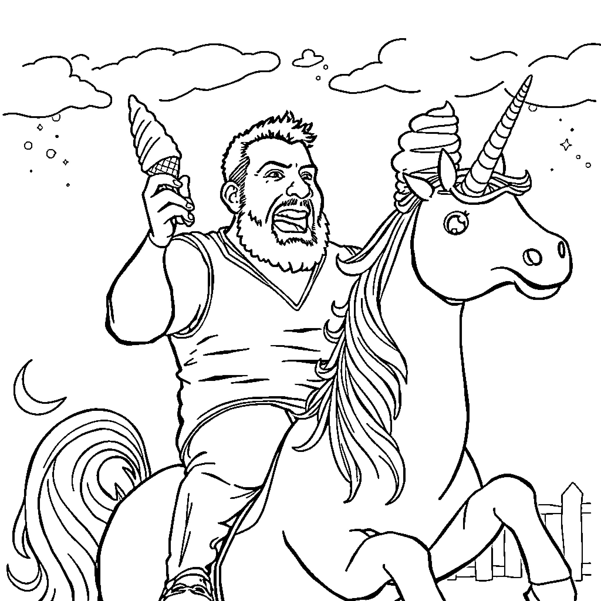 Steve Austin Riding Unicorn in Fantasy Landscape Coloring Page (free black-and-white line drawing printable PDF for all, from beginners to advanced learners, including children, teens, adults, and seniors)