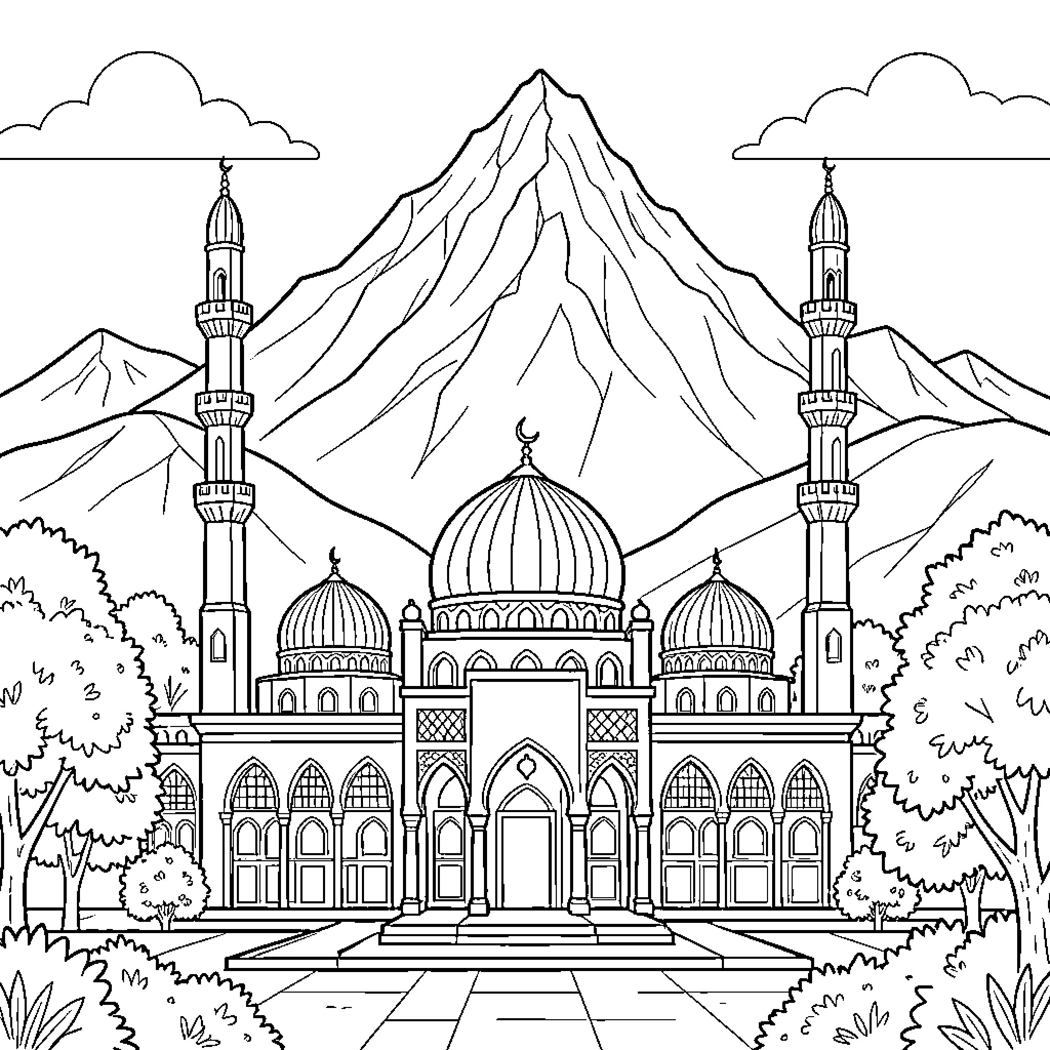 Mosque in a mountainous landscape Coloring Page (free black-and-white line drawing printable PDF for all, from beginners to advanced learners, including children, teens, adults, and seniors)