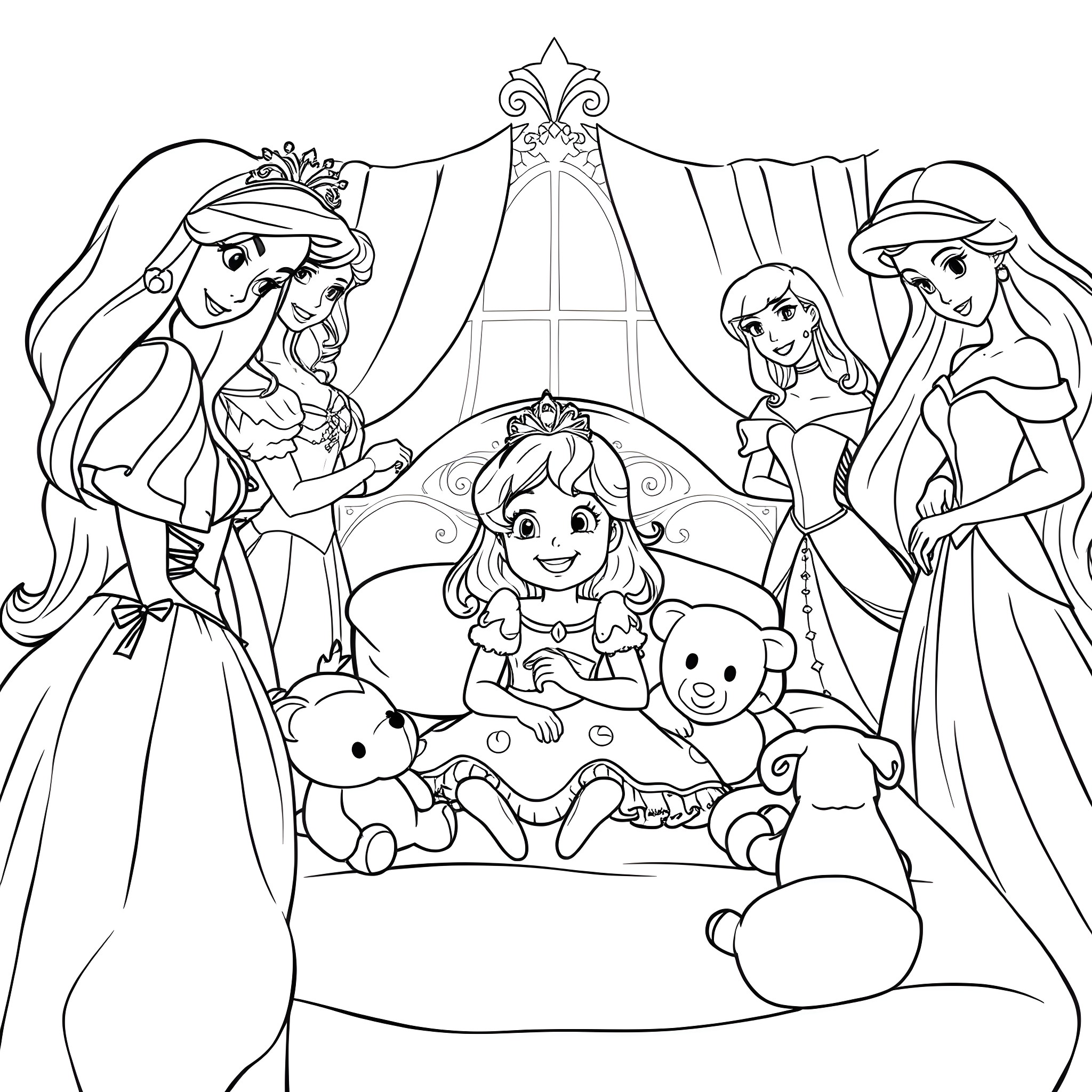 Disney Princess in a Regal Gathering Coloring Page (free black-and-white line drawing printable PDF for all, from beginners to advanced learners, including children, teens, adults, and seniors)