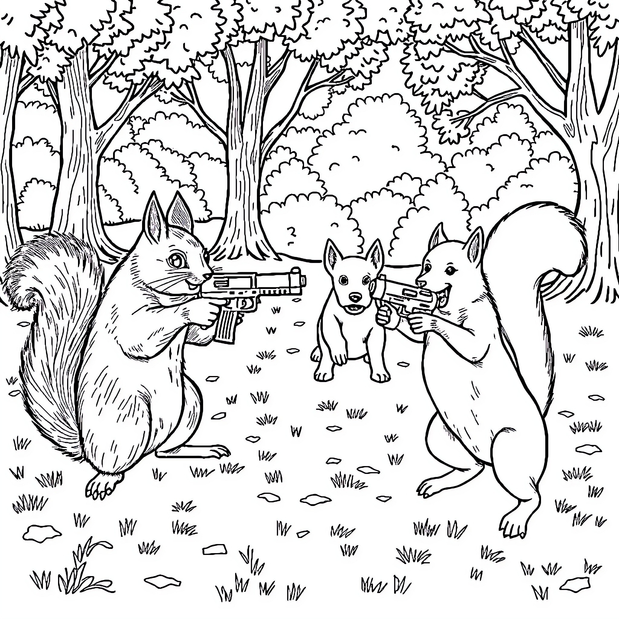 Squirrels playing with toy guns in a forest Coloring Page (free black-and-white line drawing printable PDF for all, from beginners to advanced learners, including children, teens, adults, and seniors)
