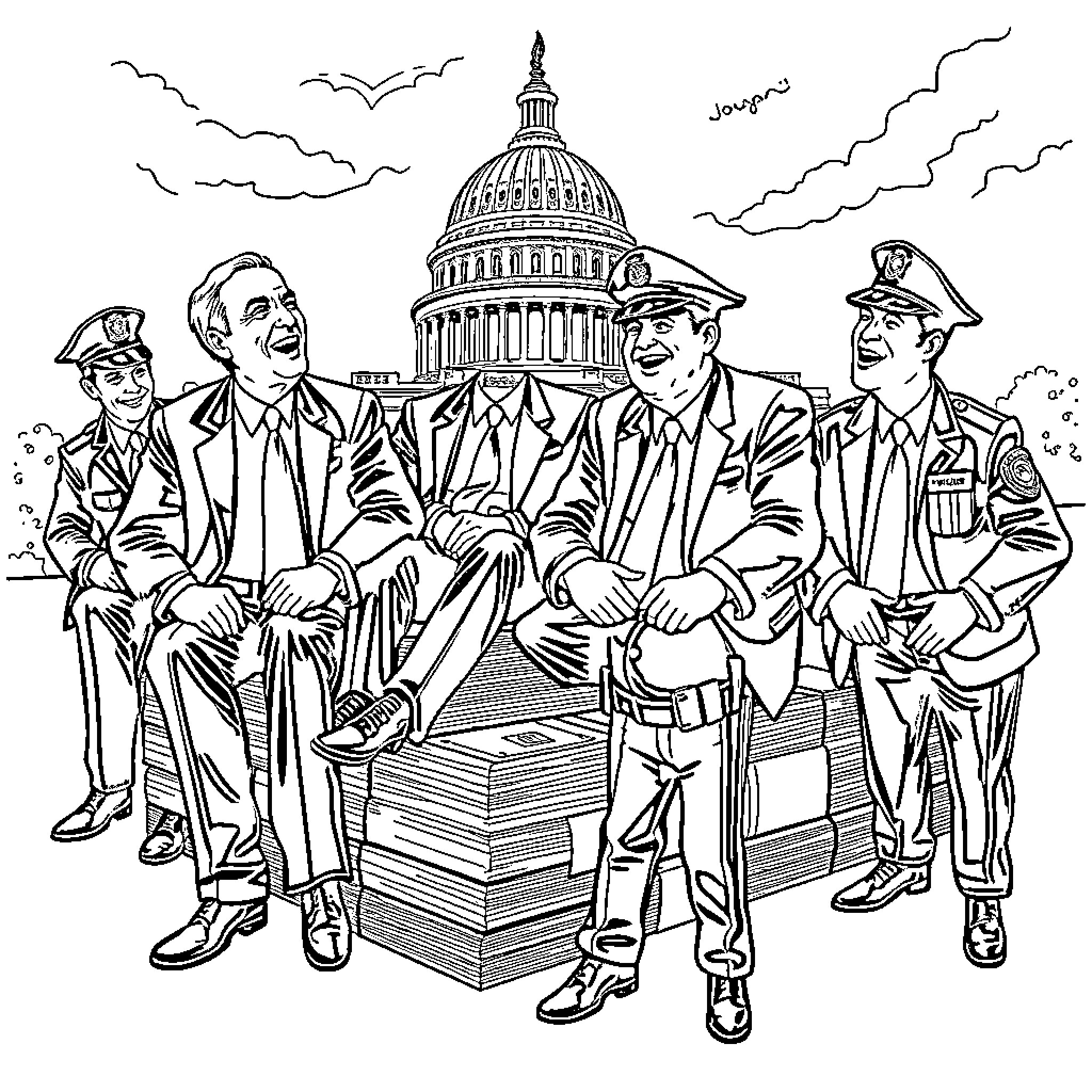 Congress Members Gathered Outside the Capitol Building Coloring Page (free black-and-white line drawing printable PDF for all, from beginners to advanced learners, including children, teens, adults, and seniors)
