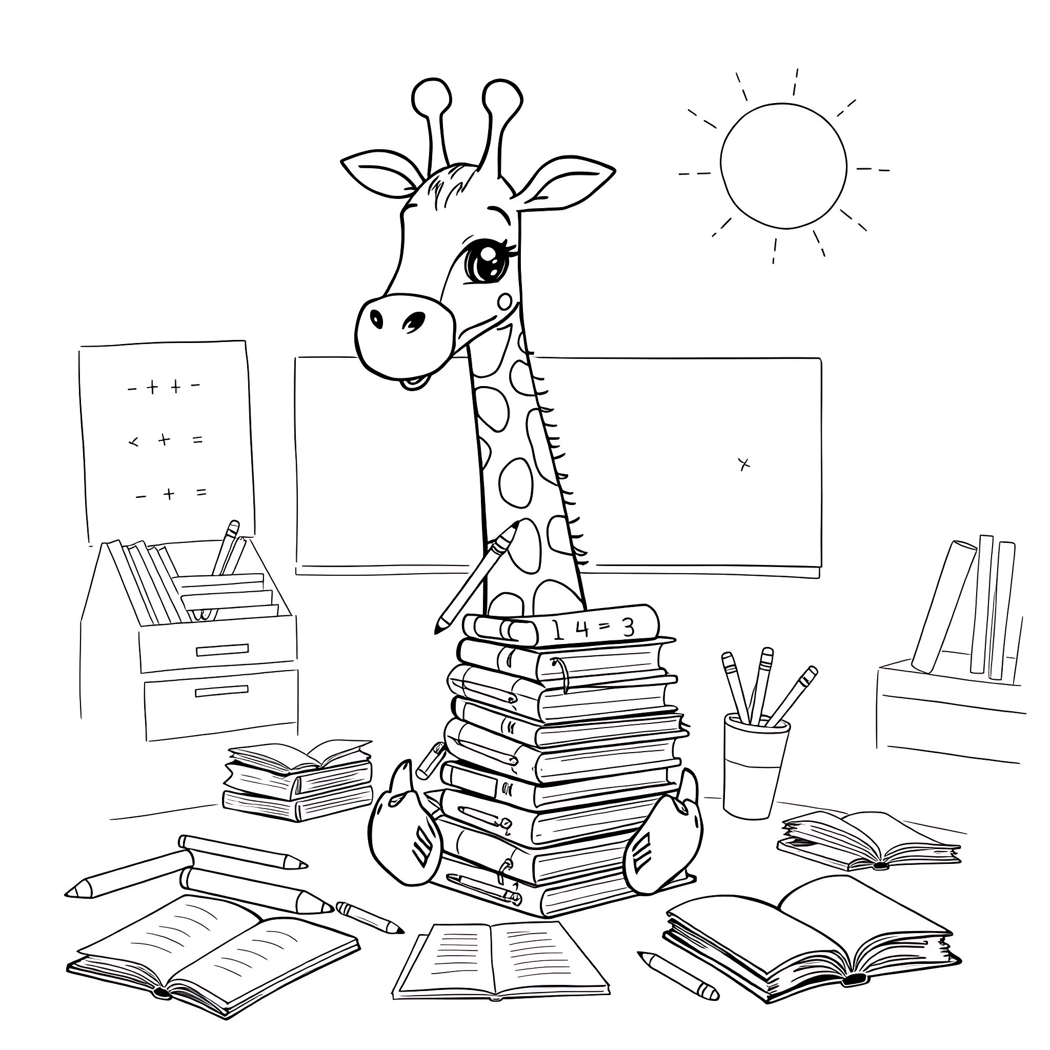 Giraffe surrounded by books and school supplies Coloring Page (free black-and-white line drawing printable PDF for all, from beginners to advanced learners, including children, teens, adults, and seniors)