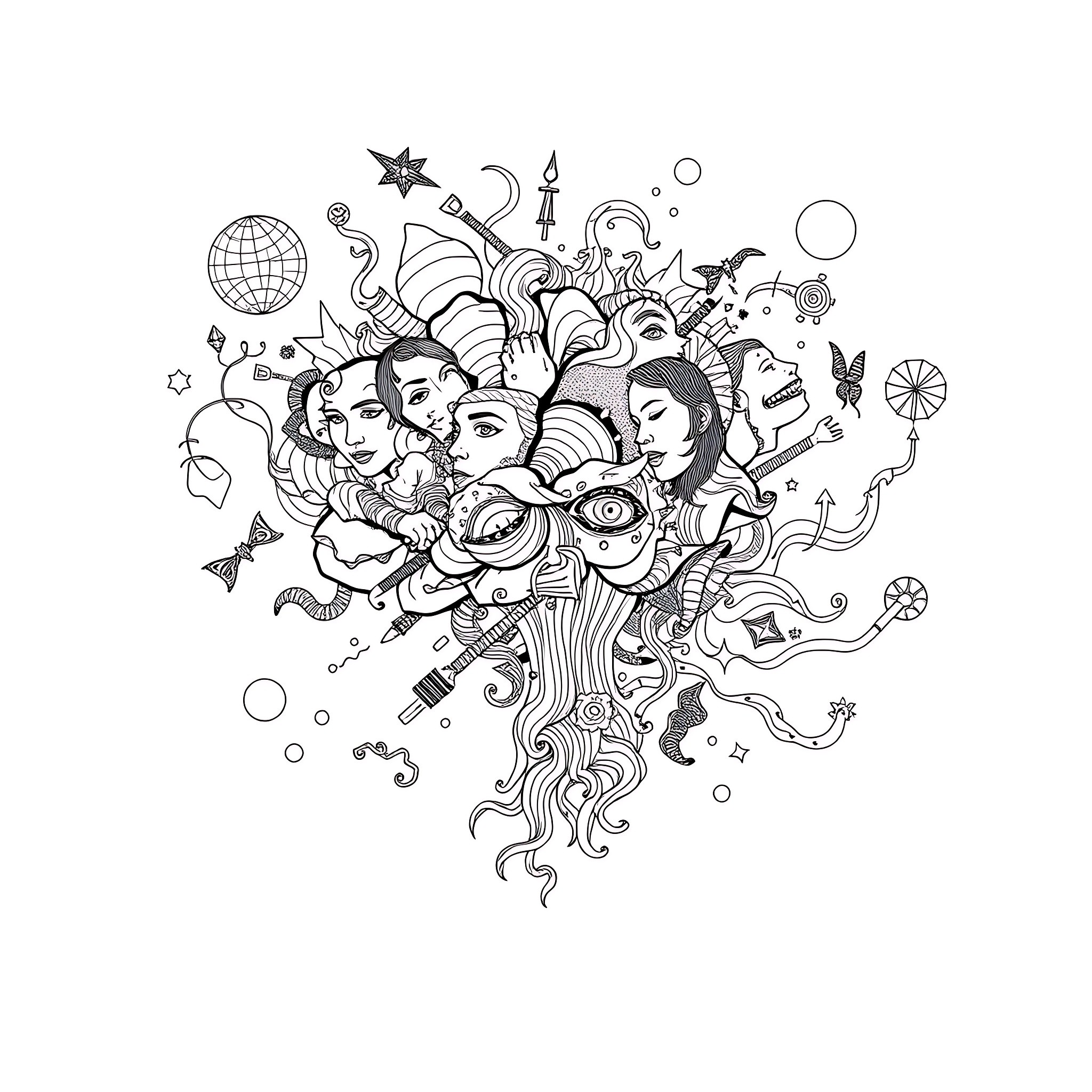 Psychosis: Surreal Expressions and Eccentric Outfits Coloring Page (free black-and-white line drawing printable PDF for all, from beginners to advanced learners, including children, teens, adults, and seniors)
