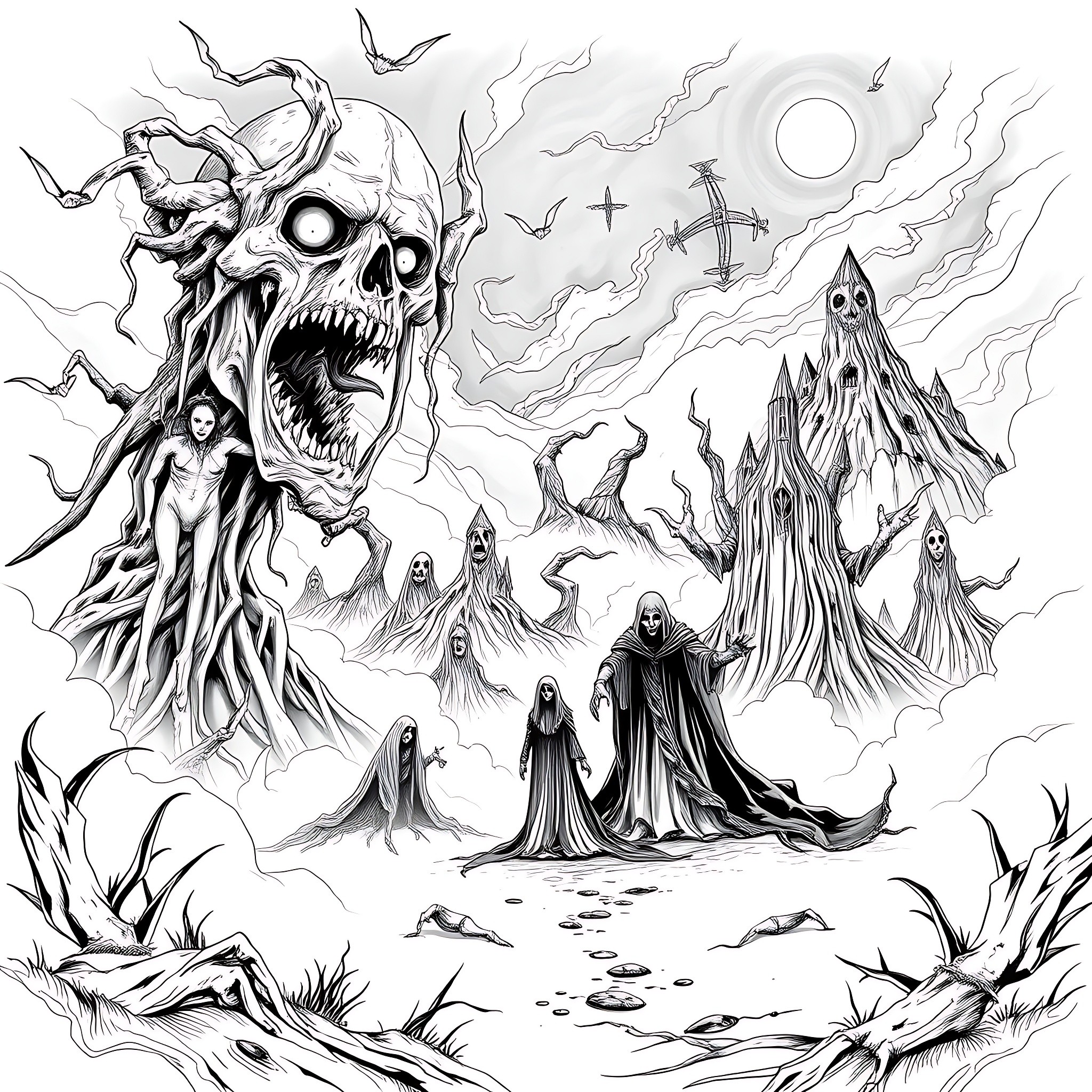 Psychosis: Nightmarish Realm of Haunting Figures Coloring Page (free black-and-white line drawing printable PDF for all, from beginners to advanced learners, including children, teens, adults, and seniors)