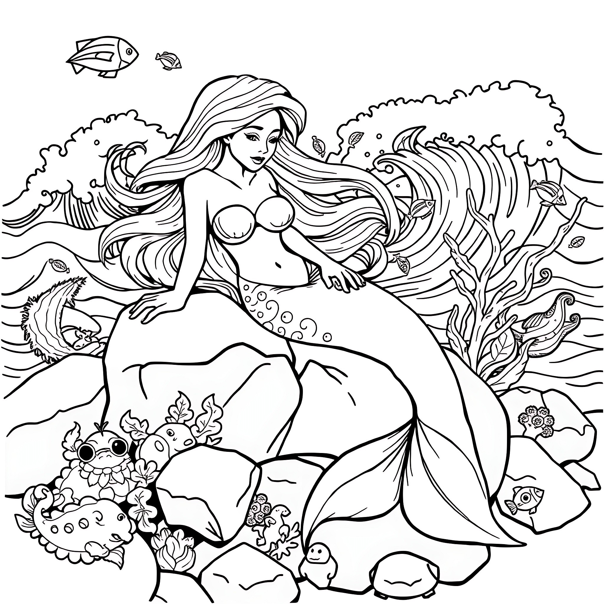 Mermaid relaxing in the underwater seascape Coloring Page (free black-and-white line drawing printable PDF for all, from beginners to advanced learners, including children, teens, adults, and seniors)