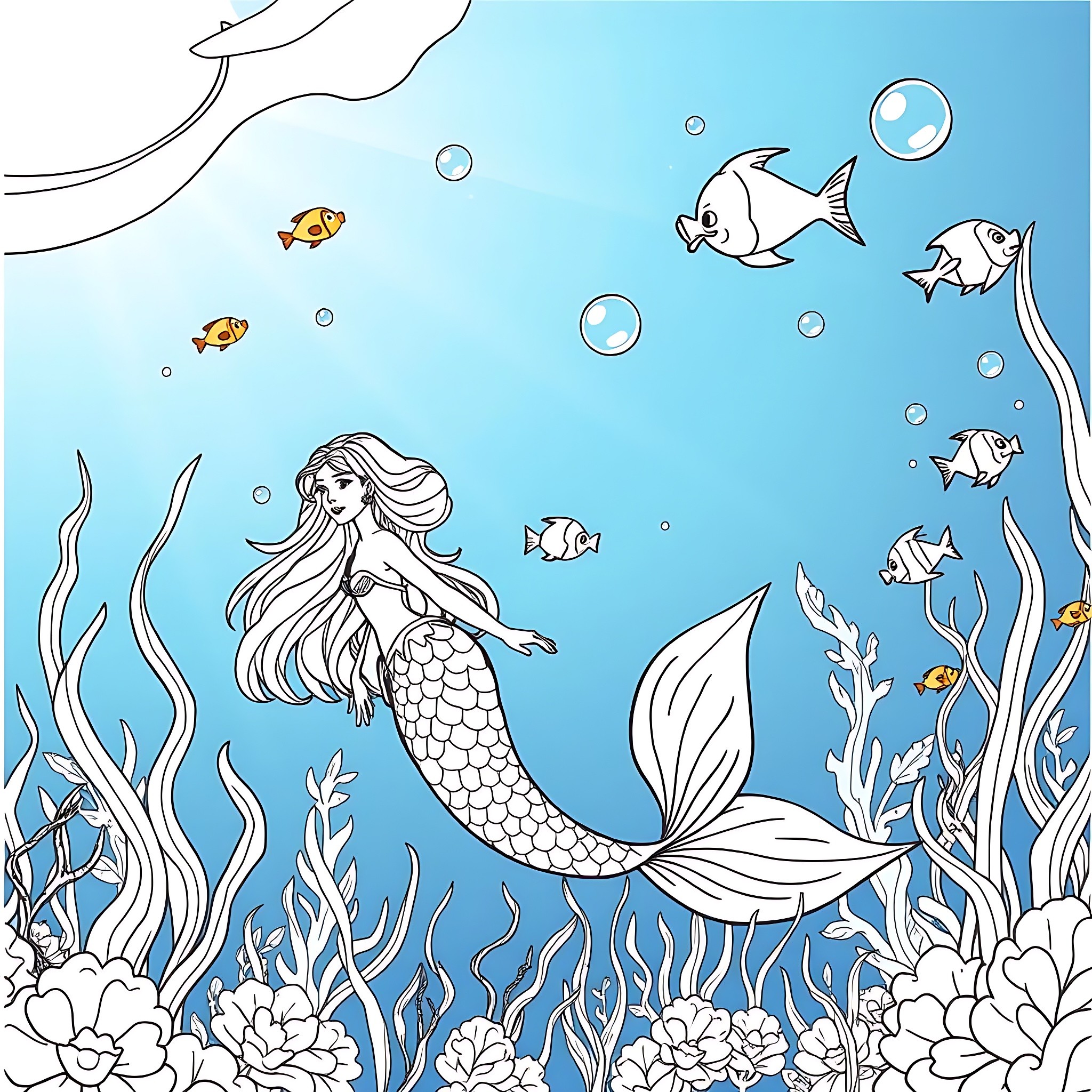 Mermaid swimming gracefully among marine life Coloring Page (free black-and-white line drawing printable PDF for all, from beginners to advanced learners, including children, teens, adults, and seniors)