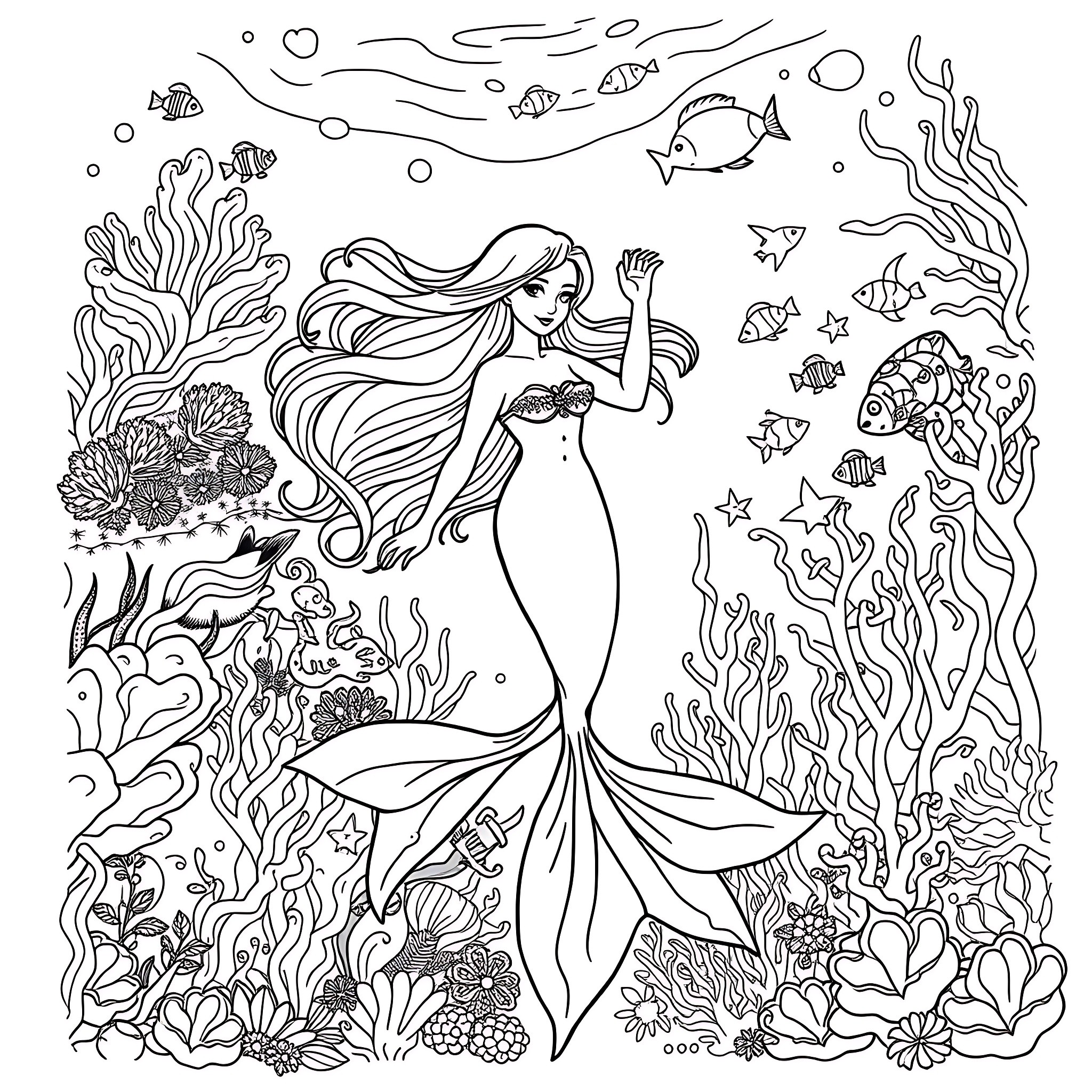Mermaid Swimming Among Coral Reefs and Marine Life Coloring Page (free black-and-white line drawing printable PDF for all, from beginners to advanced learners, including children, teens, adults, and seniors)