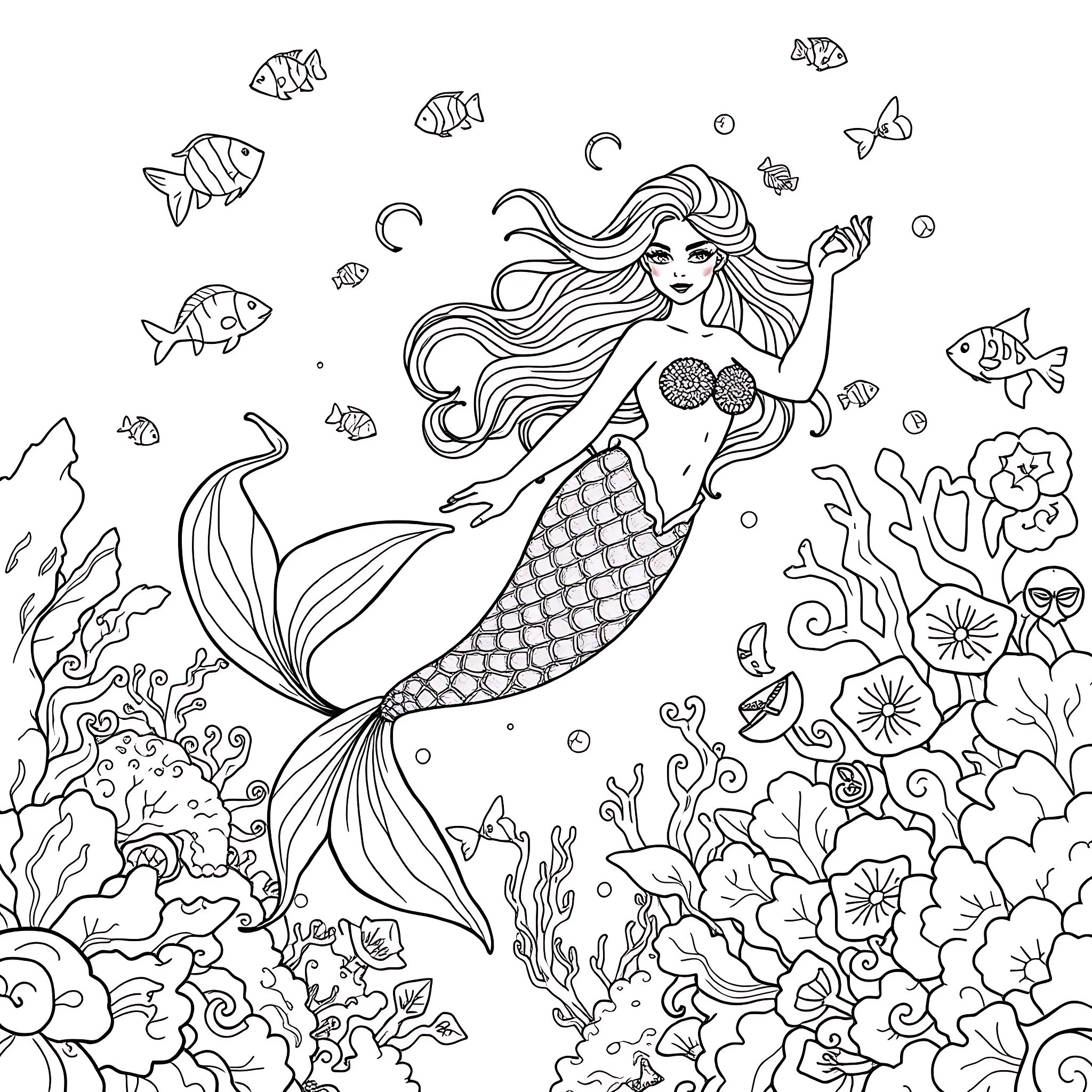 Mermaid swimming gracefully among colorful sea creatures Coloring Page (free black-and-white line drawing printable PDF for all, from beginners to advanced learners, including children, teens, adults, and seniors)
