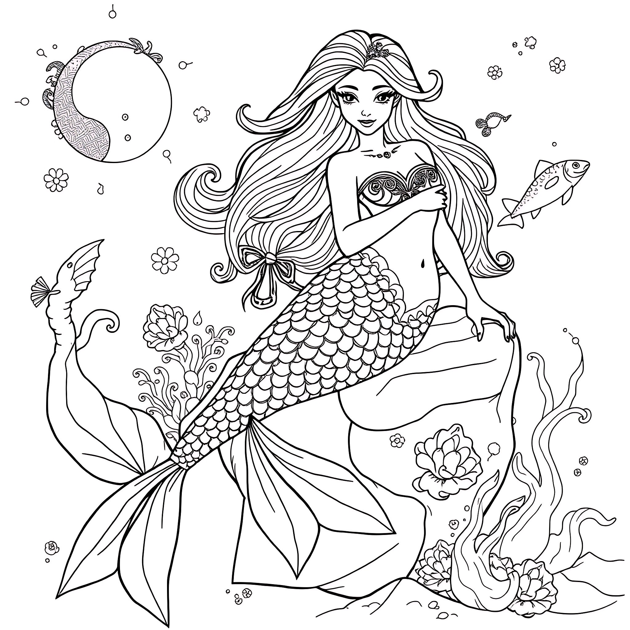 Mermaid Posing Elegantly Amidst Sea Creatures Coloring Page (free black-and-white line drawing printable PDF for all, from beginners to advanced learners, including children, teens, adults, and seniors)