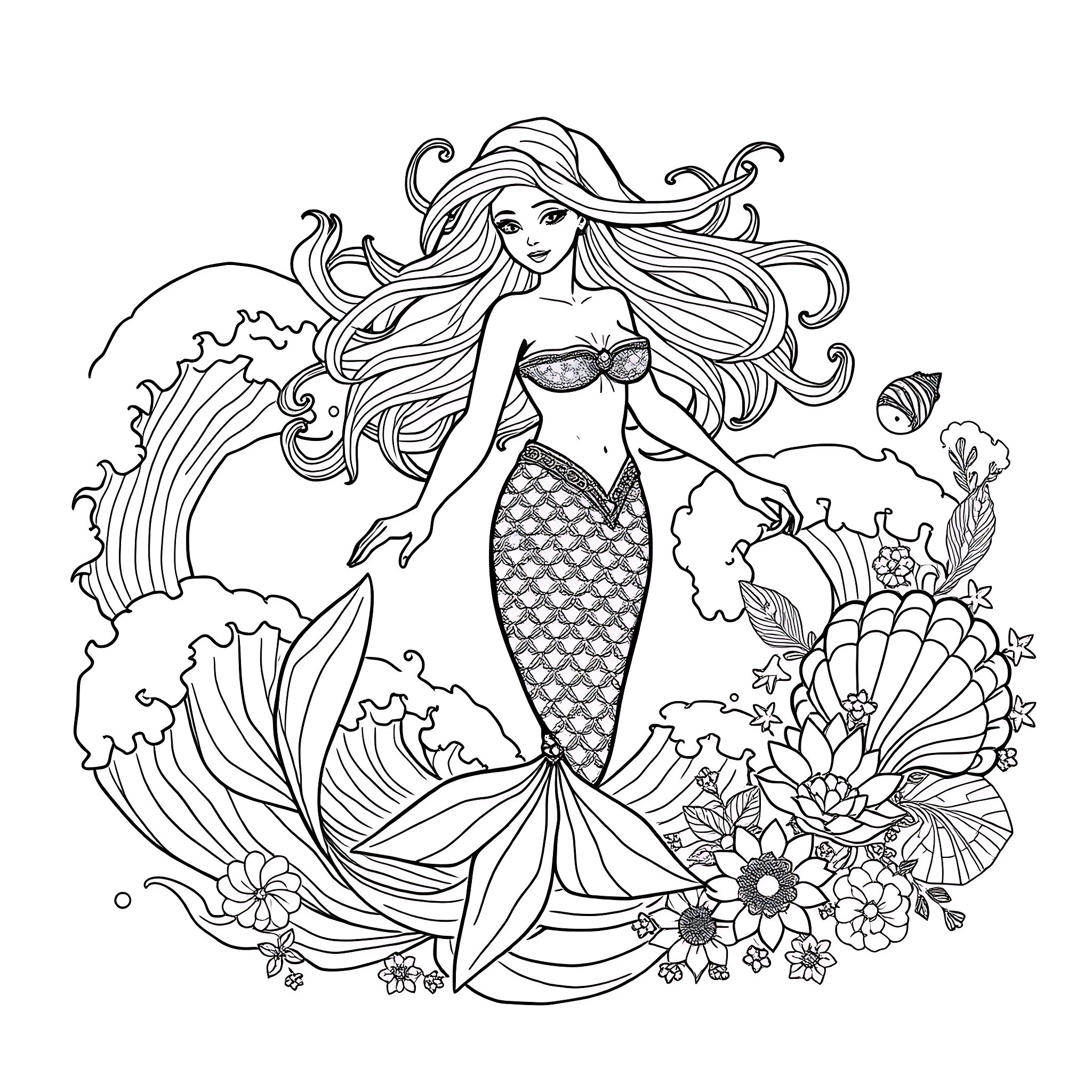 Mermaid in a magical underwater scene Coloring Page (free black-and-white line drawing printable PDF for all, from beginners to advanced learners, including children, teens, adults, and seniors)