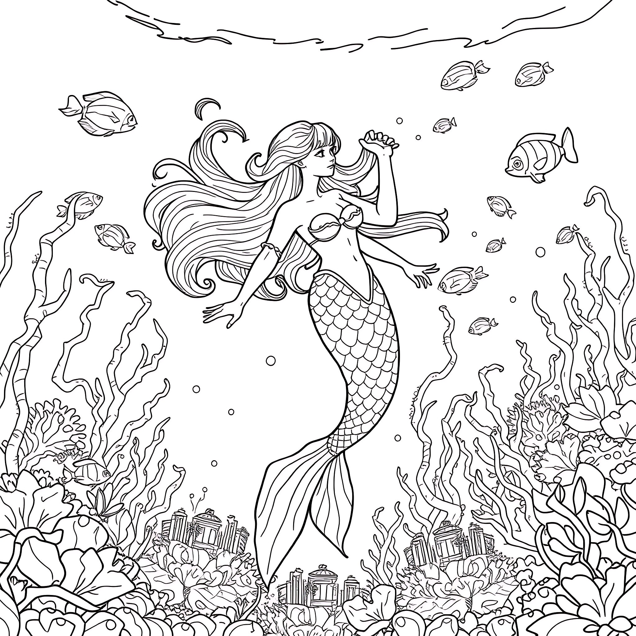 Mermaid exploring the colorful underwater world Coloring Page (free black-and-white line drawing printable PDF for all, from beginners to advanced learners, including children, teens, adults, and seniors)