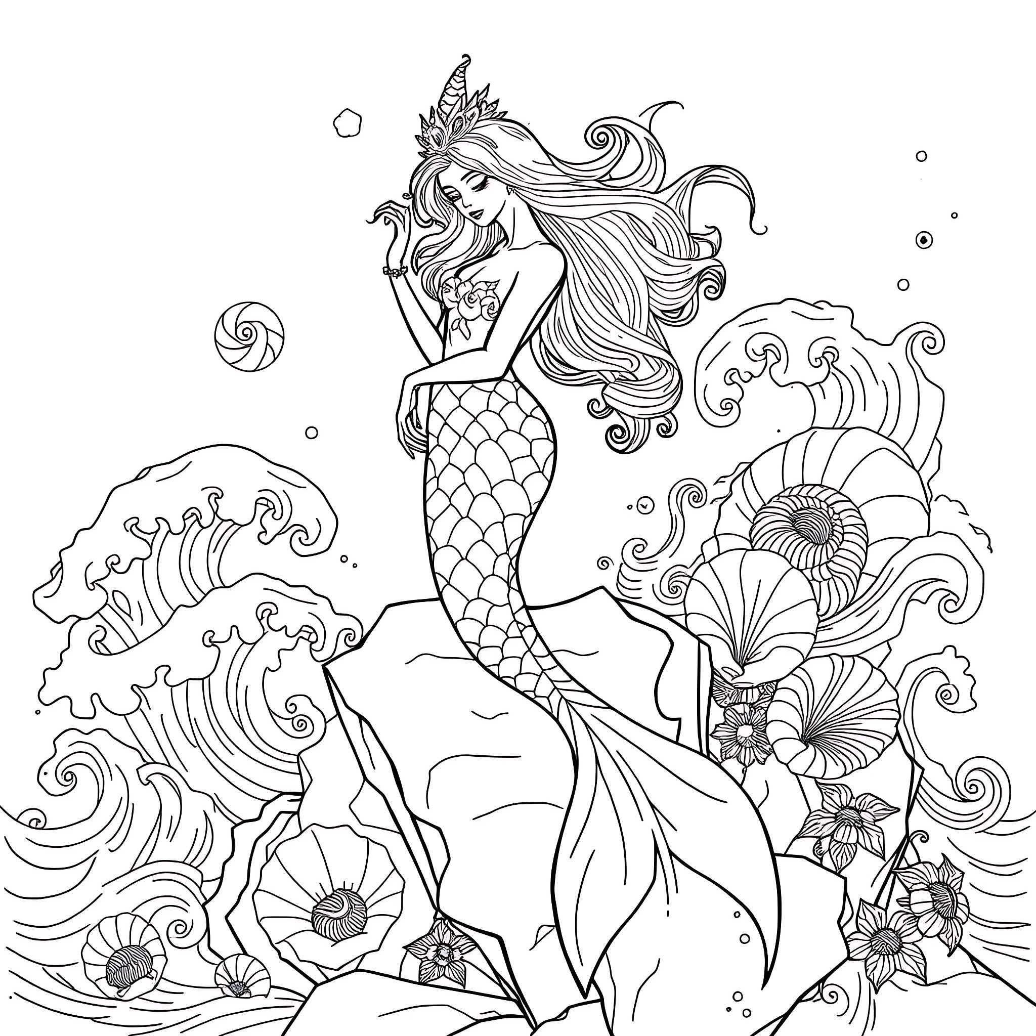 Siren Mermaid Swimming amidst Waves and Underwater Flowers Coloring Page (free black-and-white line drawing printable PDF for all, from beginners to advanced learners, including children, teens, adults, and seniors)