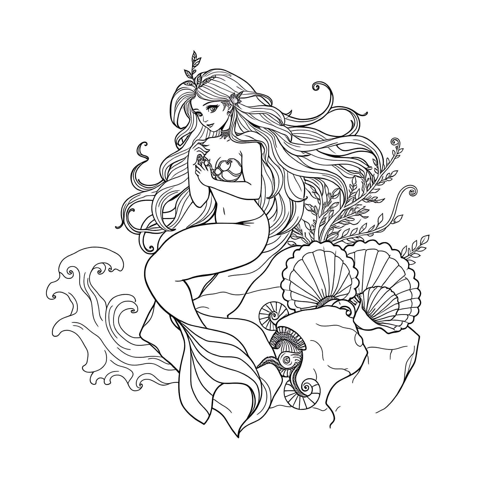 Siren with flowing hair and seashells in a marine setting Coloring Page (free black-and-white line drawing printable PDF for all, from beginners to advanced learners, including children, teens, adults, and seniors)