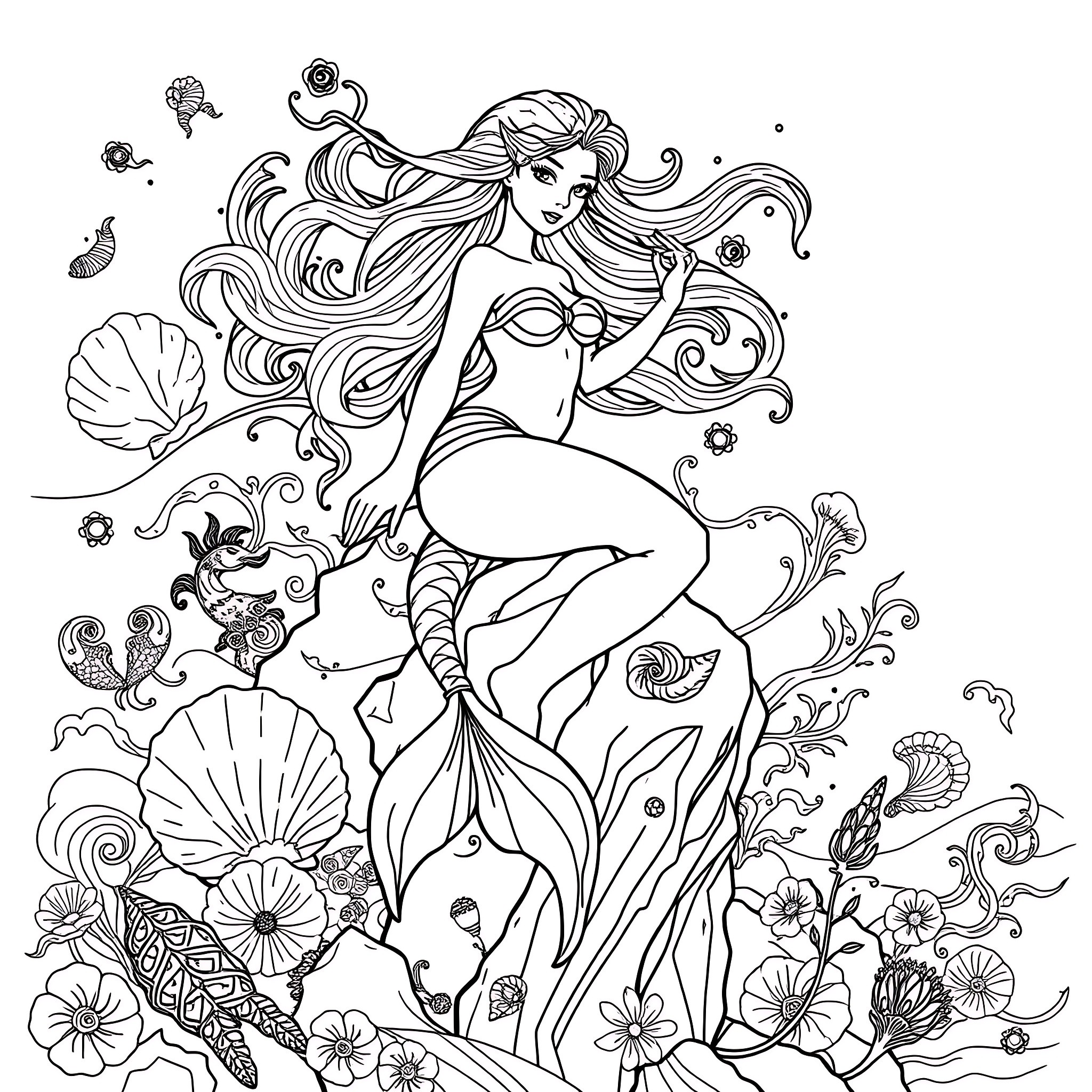 Siren's Enchanting Underwater Dance Coloring Page (free black-and-white line drawing printable PDF for all, from beginners to advanced learners, including children, teens, adults, and seniors)