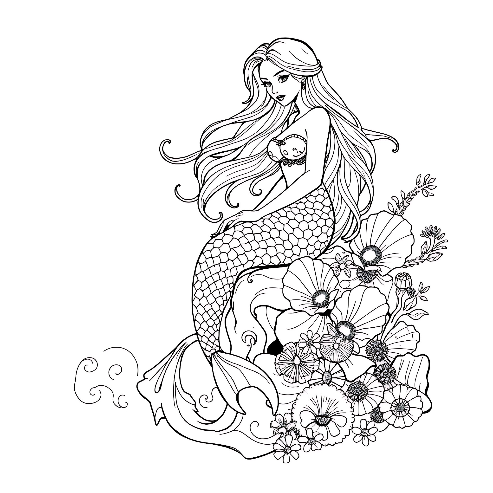 Siren amidst a floral ocean Coloring Page (free black-and-white line drawing printable PDF for all, from beginners to advanced learners, including children, teens, adults, and seniors)