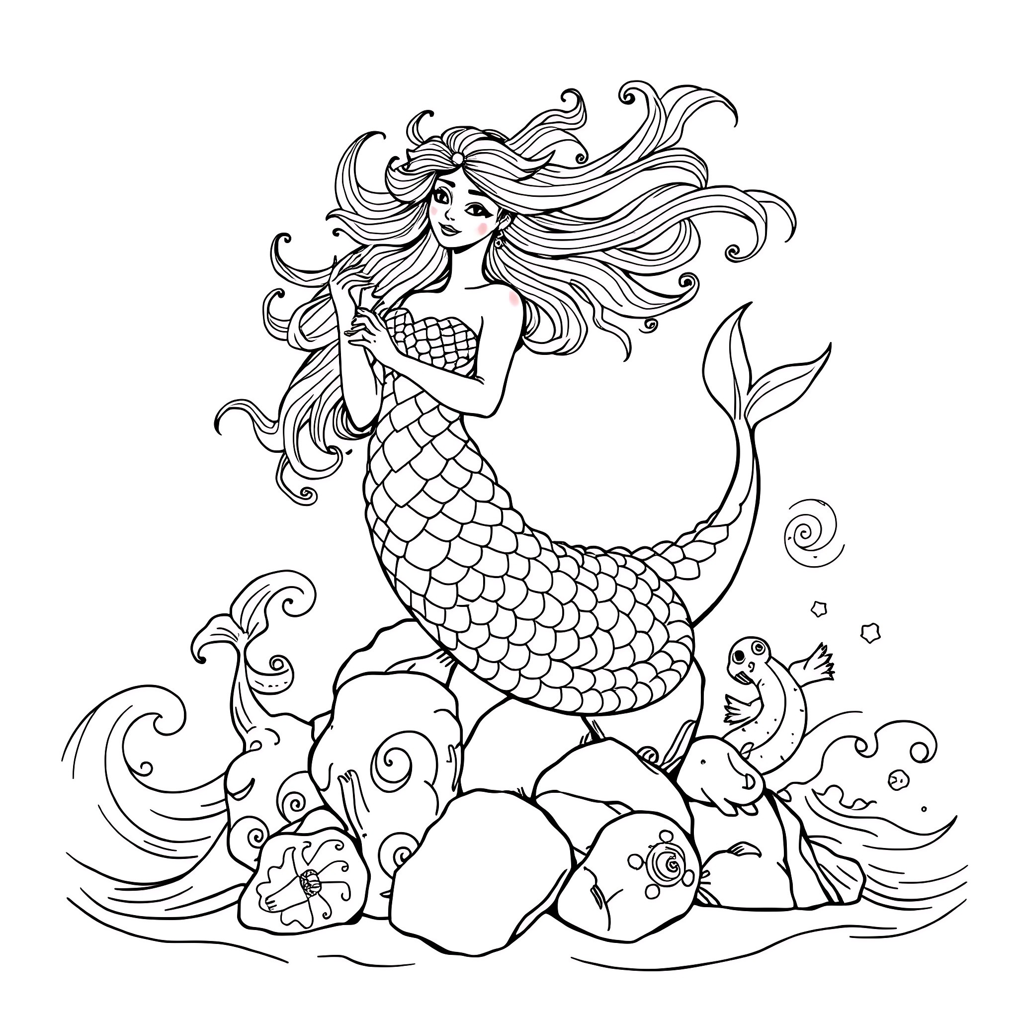 Siren mermaid swimming with sea creatures Coloring Page (free black-and-white line drawing printable PDF for all, from beginners to advanced learners, including children, teens, adults, and seniors)