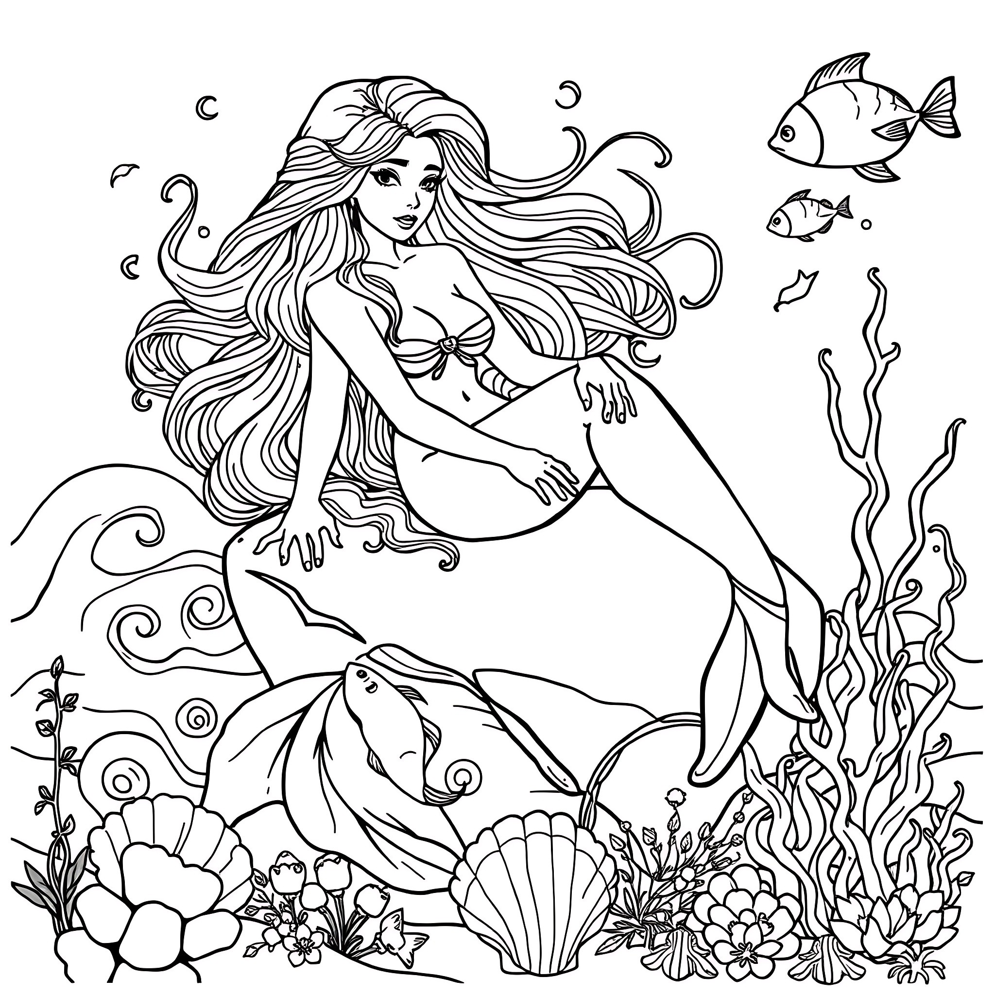 Siren swimming gracefully in the underwater realm Coloring Page (free black-and-white line drawing printable PDF for all, from beginners to advanced learners, including children, teens, adults, and seniors)