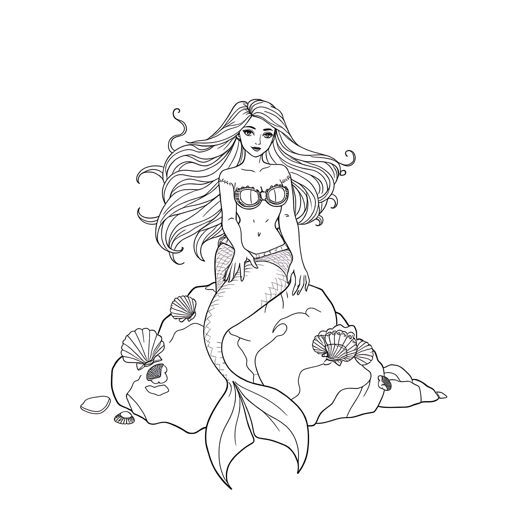 Siren with flowing hair and marine elements Coloring Page (free black-and-white line drawing printable PDF for all, from beginners to advanced learners, including children, teens, adults, and seniors)